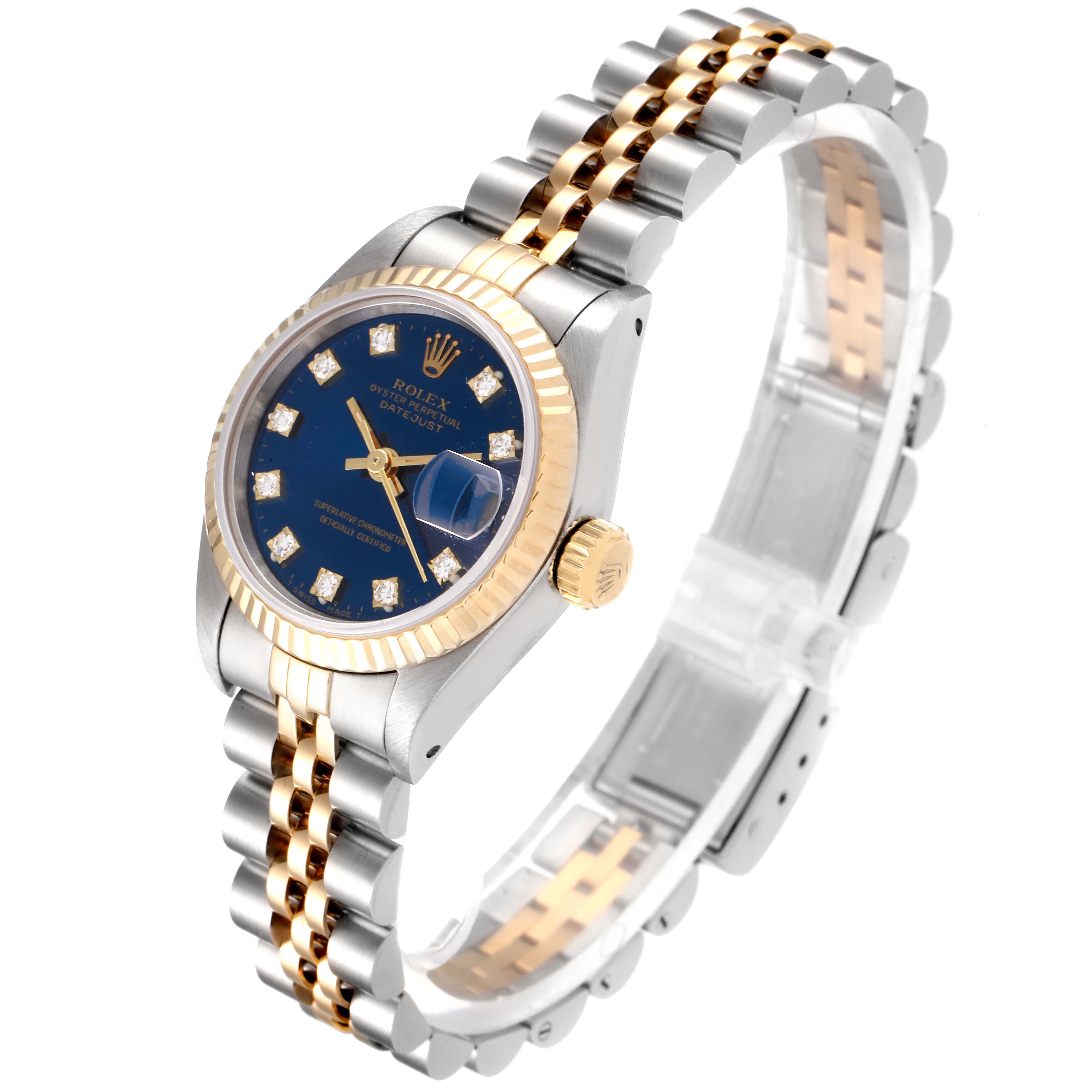 The Rolex Datejust 69173 Women's Steel and Gold (two tone) Blue Dial 69173 Women's Steel and Gold (two tone) Blue Dial watch is shown at an angle highlighting the dial, fluted bezel, and jubilee bracelet.