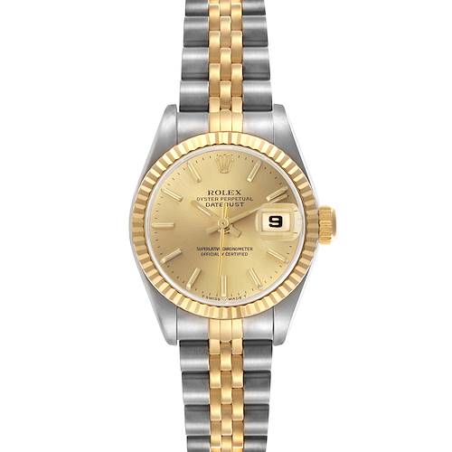The watch is a Rolex Datejust, shown from a front angle, displaying its two-tone bracelet, fluted bezel, and champagne dial.
