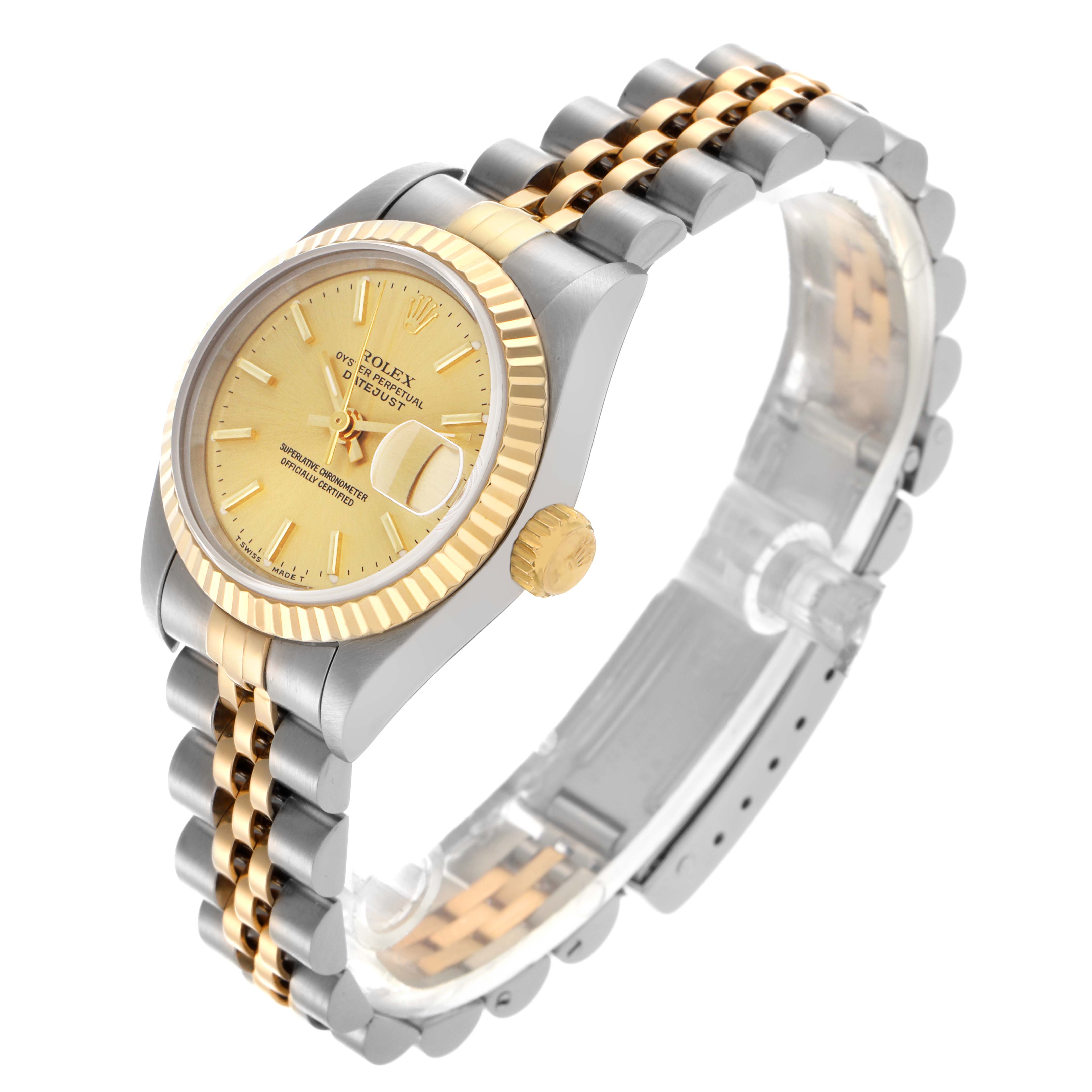 The Rolex Datejust 69173 Women's Steel and Gold (two tone) Champagne Dial 69173 Women's Steel and Gold (two tone) Champagne Dial watch is shown at a three-quarter angle, displaying the face, fluted bezel, crown, and two-tone bracelet.