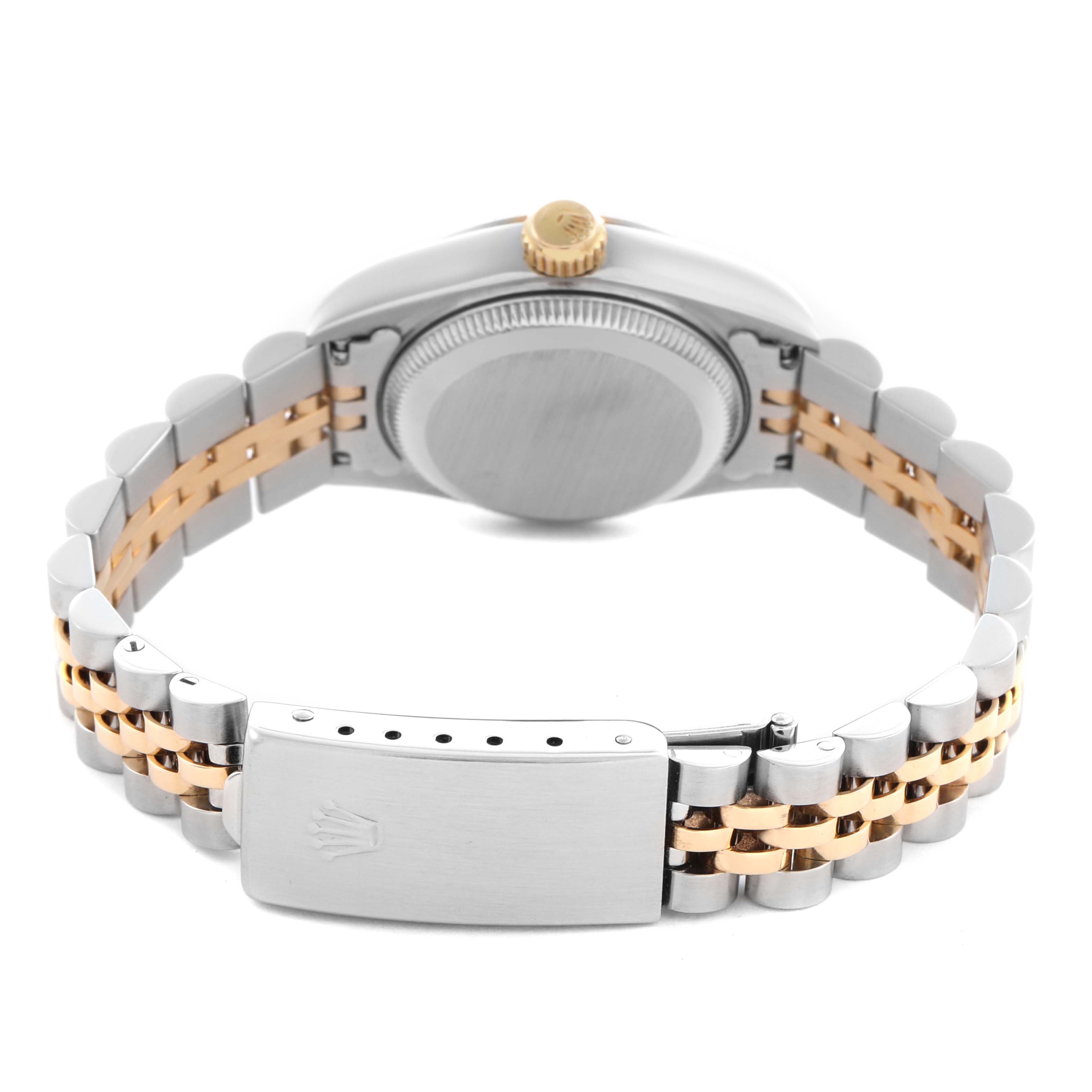 The image shows a Rolex Datejust 69173 Women's Steel and Gold (two tone) Champagne Dial 69173 Women's Steel and Gold (two tone) Champagne Dial watch from the rear, highlighting its clasp, bracelet, and case back.