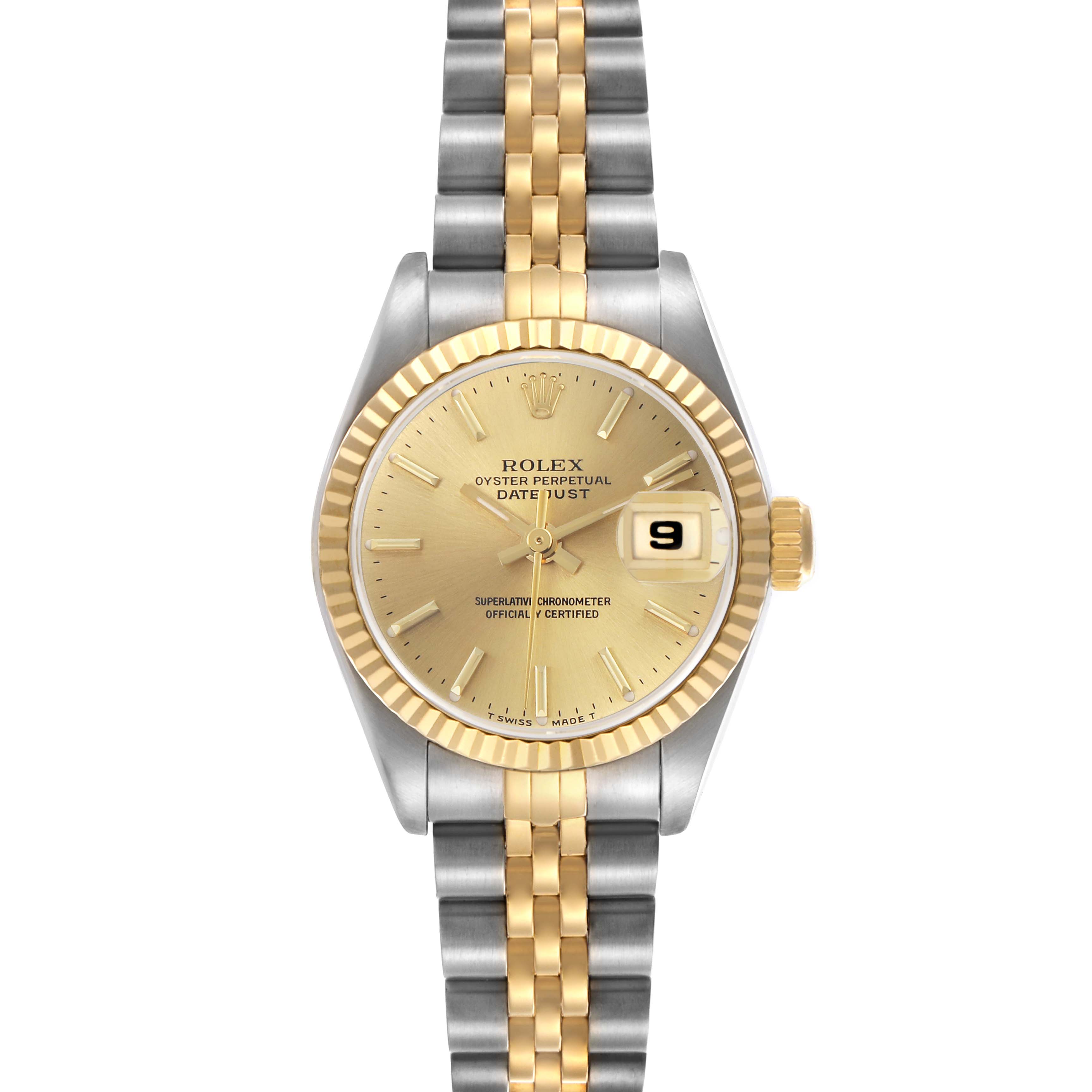 The Rolex Datejust 69173 Women's Steel and Gold (two tone) Champagne Dial 69173 Women's Steel and Gold (two tone) Champagne Dial watch is shown from a front angle, displaying the dial, bracelet, and date window.
