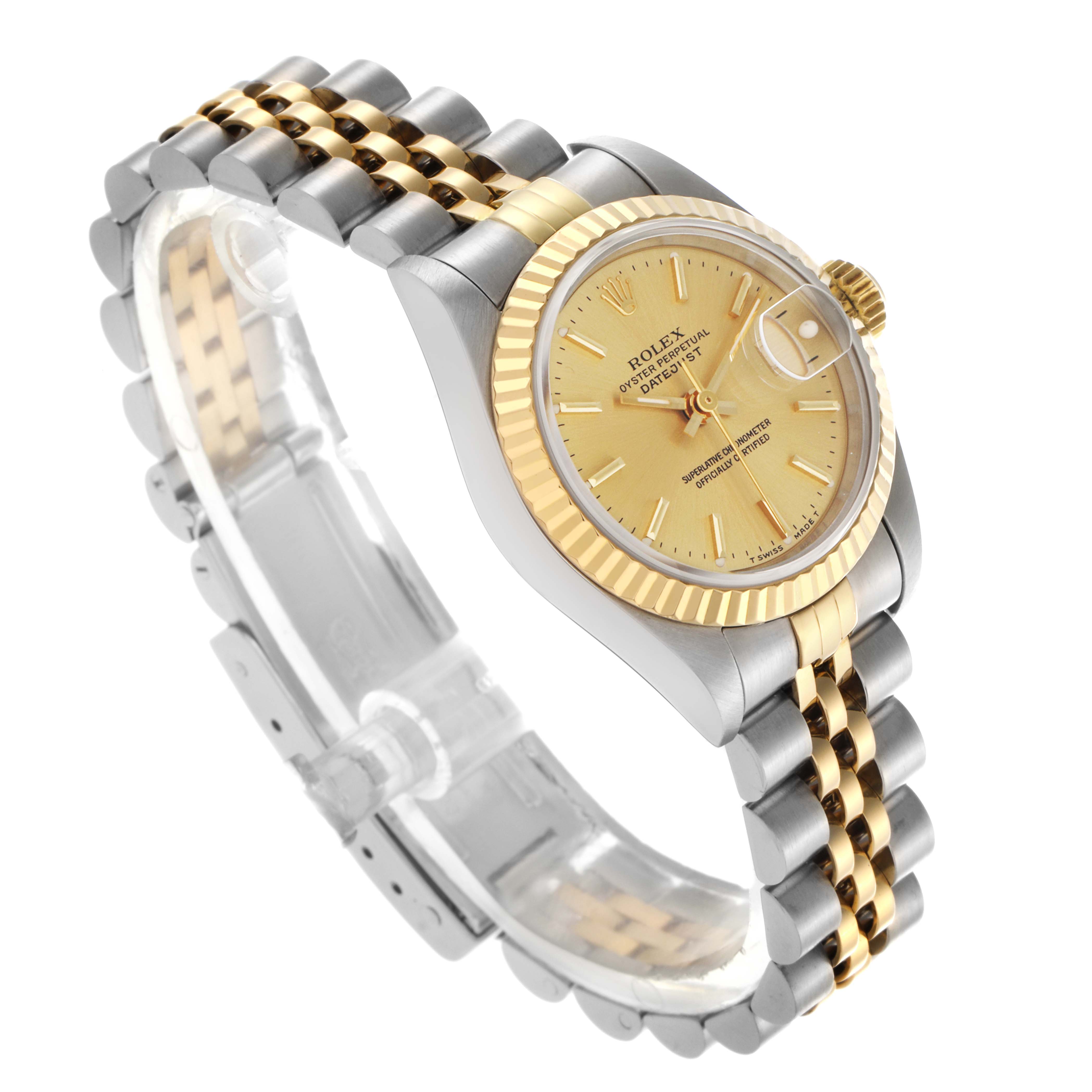 The Rolex Datejust 69173 Women's Steel and Gold (two tone) Champagne Dial 69173 Women's Steel and Gold (two tone) Champagne Dial watch is shown at a three-quarter angle, highlighting its bracelet, bezel, and dial.