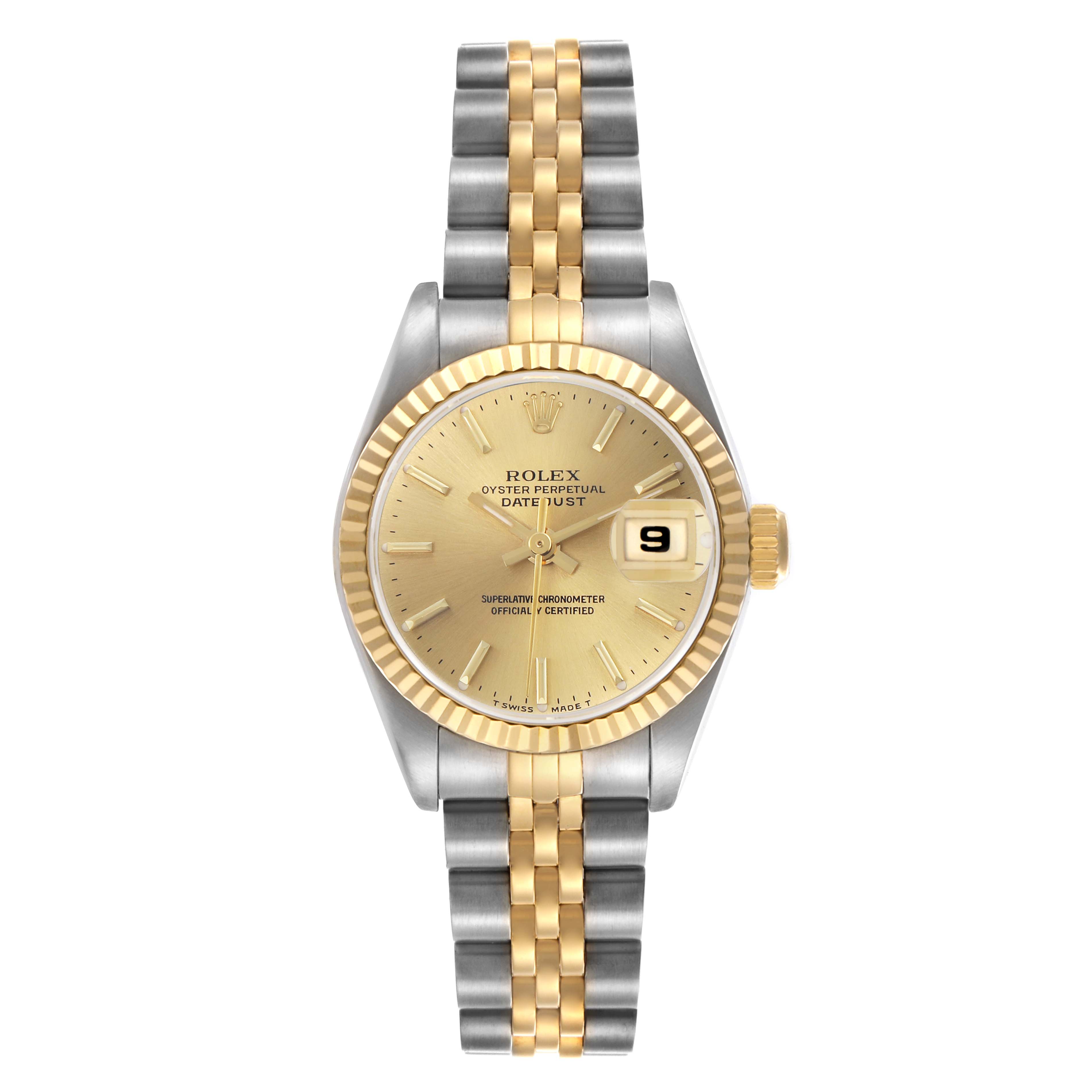 The Rolex Datejust 69173 Women's Steel and Gold (two tone) Champagne Dial 69173 Women's Steel and Gold (two tone) Champagne Dial watch is shown from a top-down angle, highlighting its two-tone bracelet and gold dial.