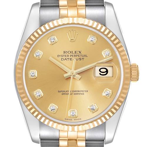 The Rolex Datejust watch is shown from a front angle, highlighting its dial, bezel, and bracelet.