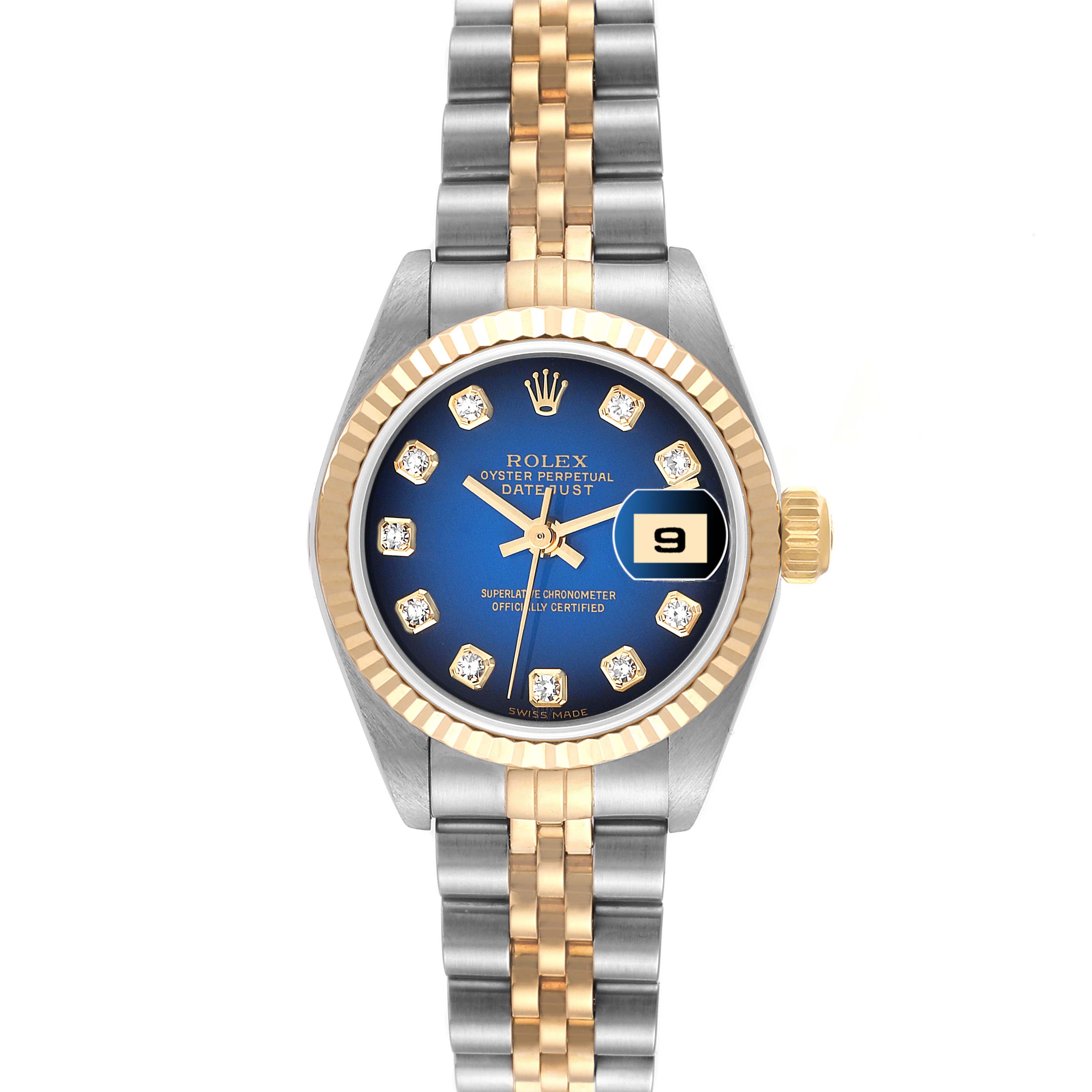 This image shows a Rolex Datejust 79173 Women's Steel and Gold (two tone) Blue Dial 79173 Women's Steel and Gold (two tone) Blue Dial watch from the front, featuring a two-tone bracelet, a blue dial, and a date display.