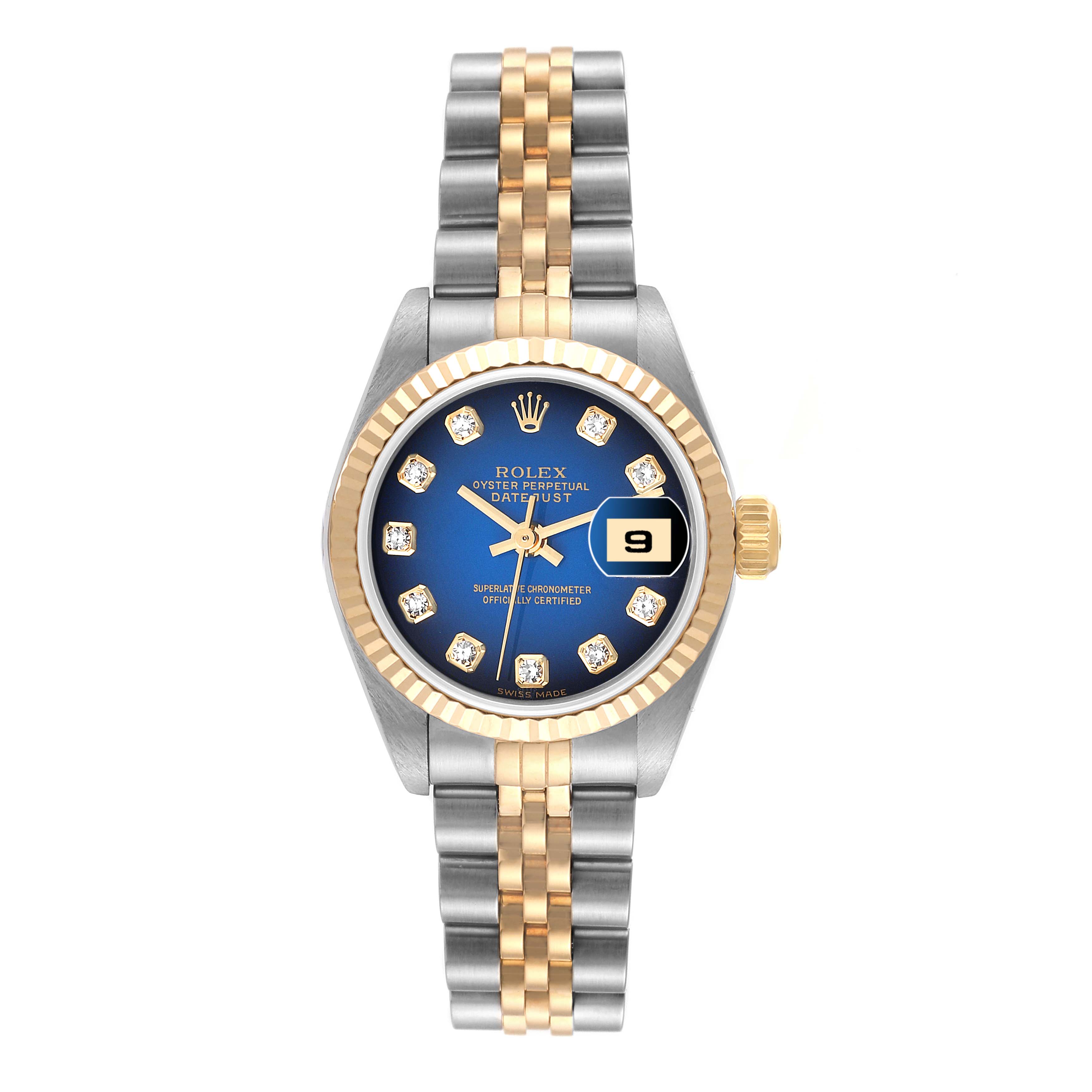 The image shows the face and bracelet of a Rolex Datejust 79173 Women's Steel and Gold (two tone) Blue Dial 79173 Women's Steel and Gold (two tone) Blue Dial watch from a front view.