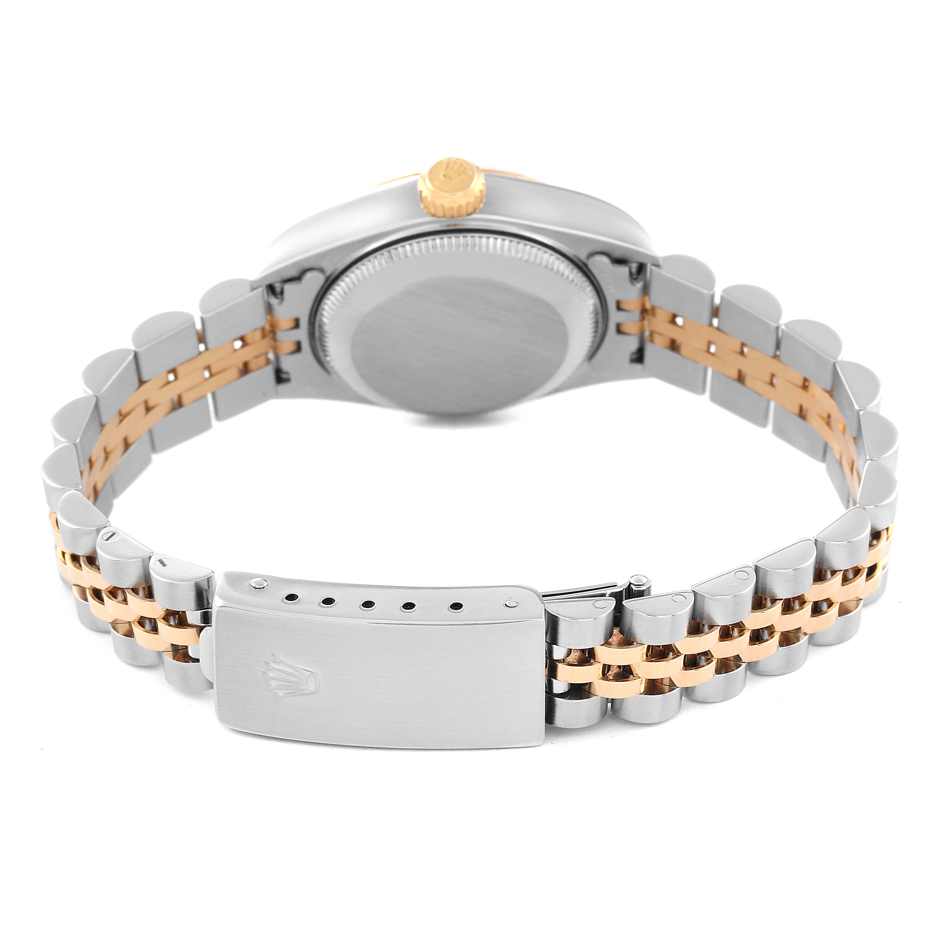 The image shows the back view of a Rolex Datejust 79173 Women's Steel and Gold (two tone) Blue Dial 79173 Women's Steel and Gold (two tone) Blue Dial watch, highlighting the bracelet, clasp, and rear case.