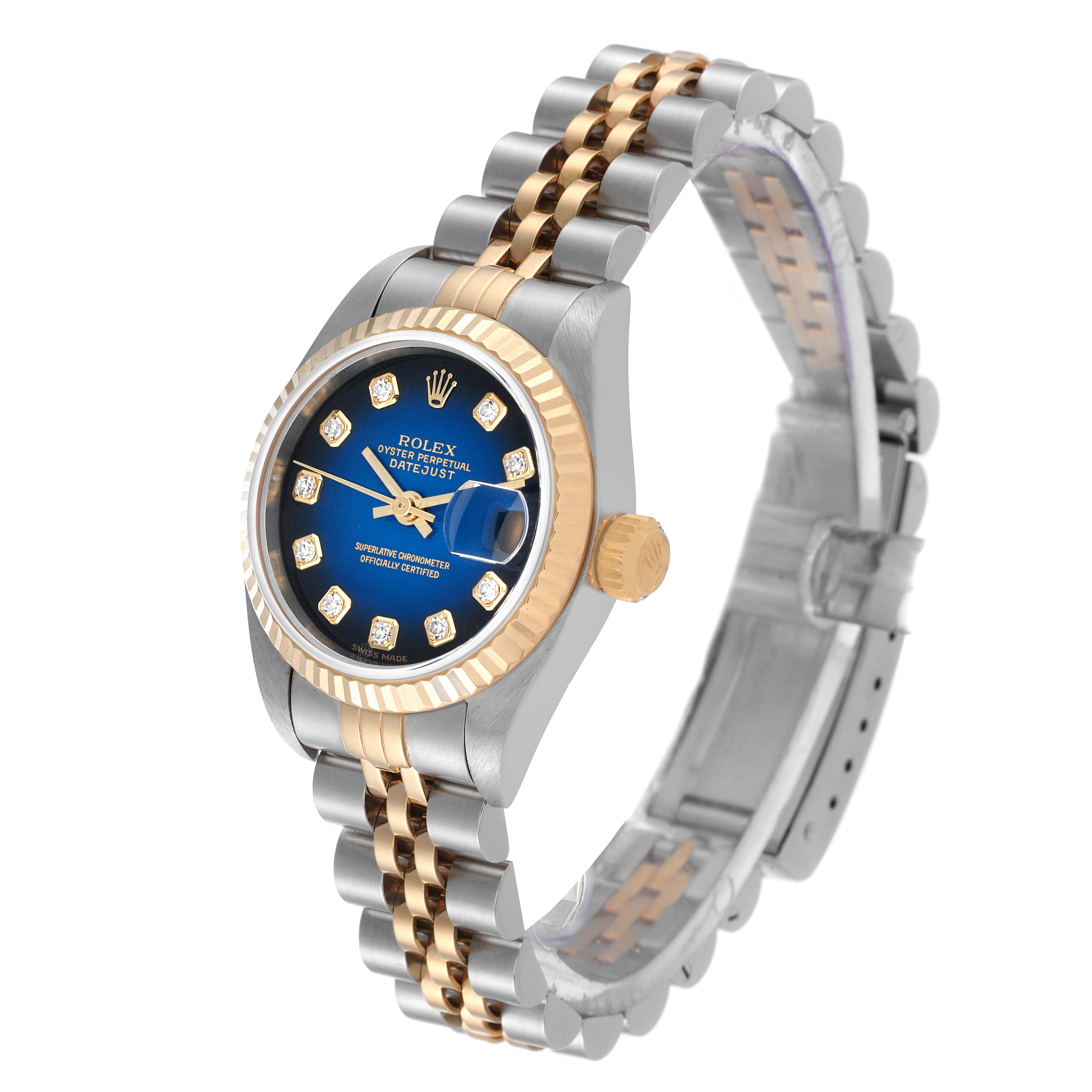 The image shows a Rolex Datejust 79173 Women's Steel and Gold (two tone) Blue Dial 79173 Women's Steel and Gold (two tone) Blue Dial watch at a slight angle, highlighting its face, bezel, and two-tone bracelet.