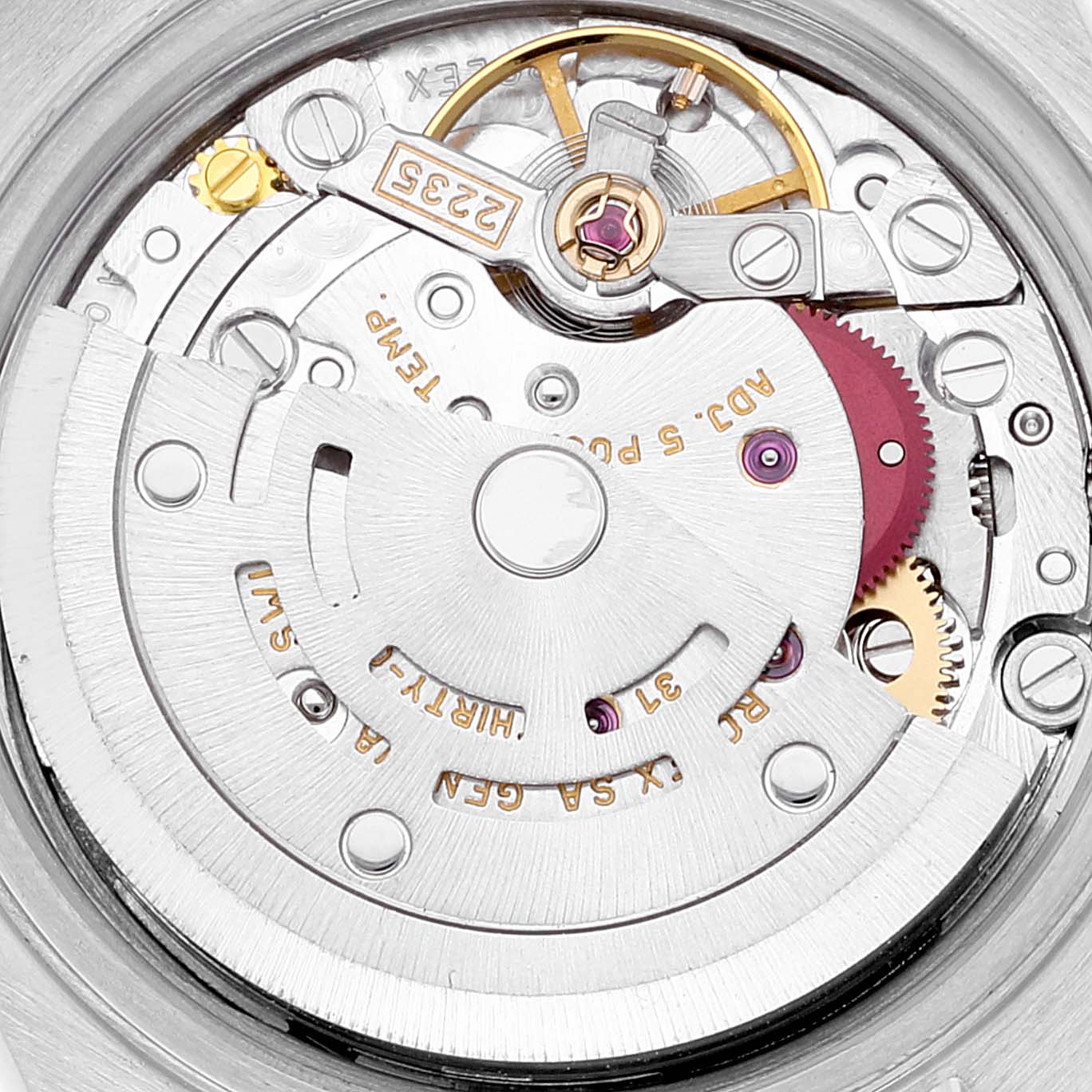 This image shows a close-up of the movement mechanism of a Rolex Datejust 79173 Women's Steel and Gold (two tone) Blue Dial 79173 Women's Steel and Gold (two tone) Blue Dial watch.