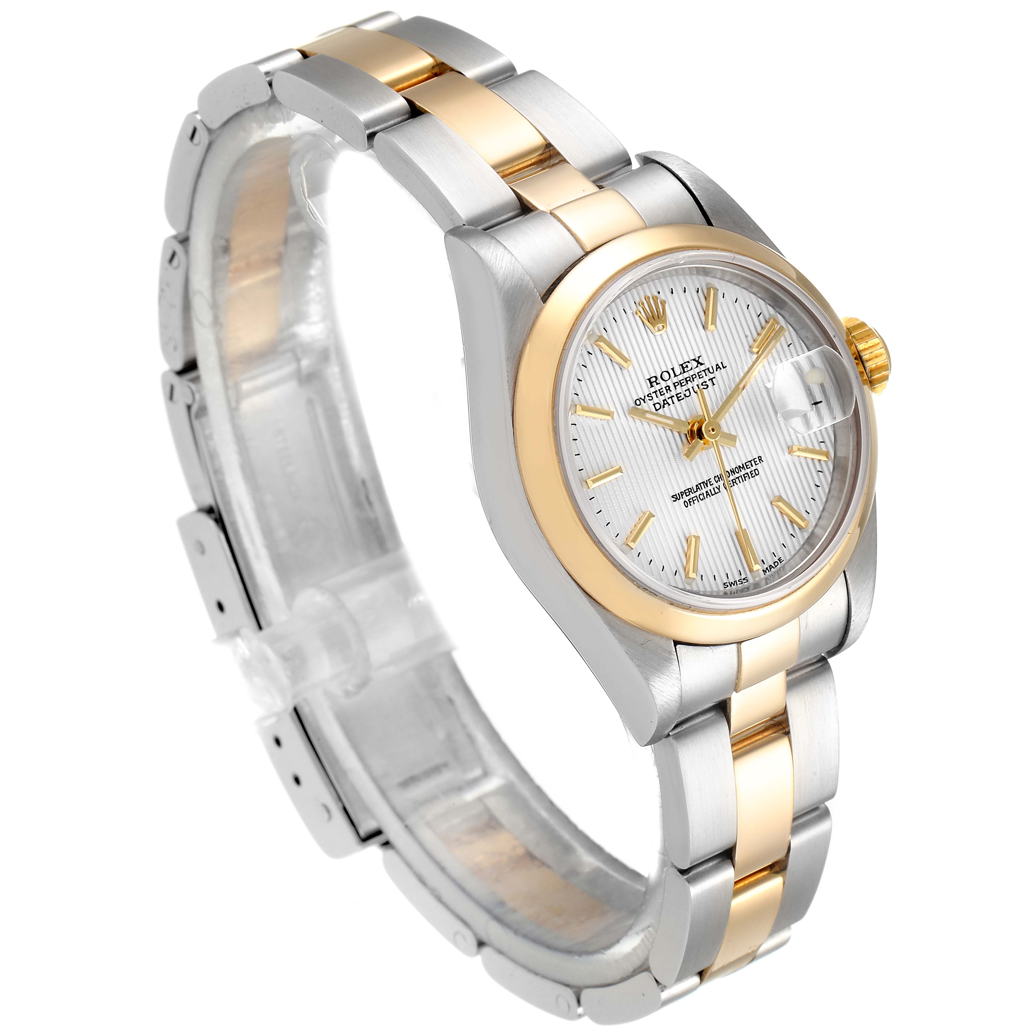 The image shows a side angle of the Rolex Datejust 79163 Women's Steel and Gold (two tone) Silver Dial 79163 Women's Steel and Gold (two tone) Silver Dial, highlighting the dial, case, and two-tone bracelet.