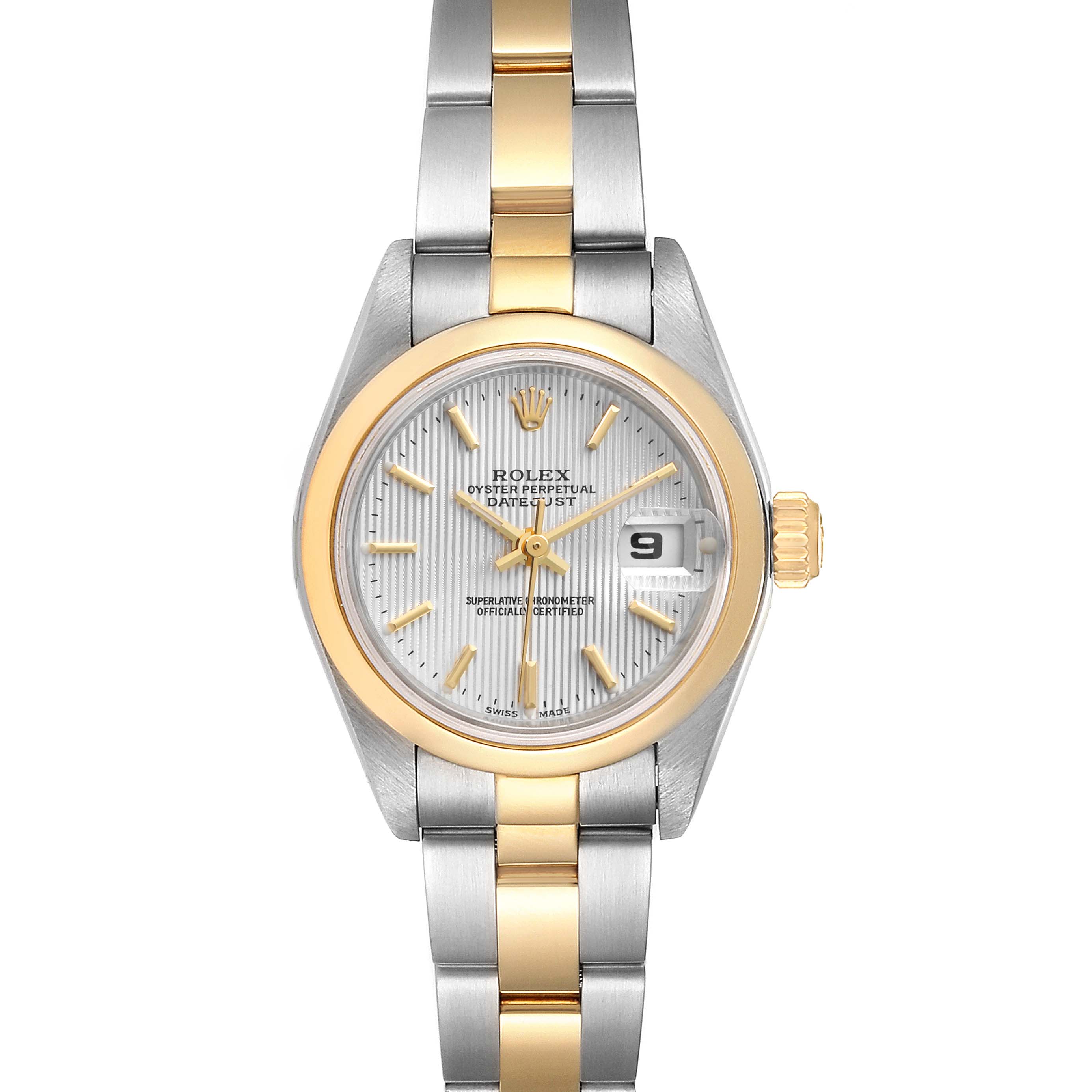 The Rolex Datejust 79163 Women's Steel and Gold (two tone) Silver Dial 79163 Women's Steel and Gold (two tone) Silver Dial watch is shown from a top view, displaying the dial, bezel, crown, and bracelet.