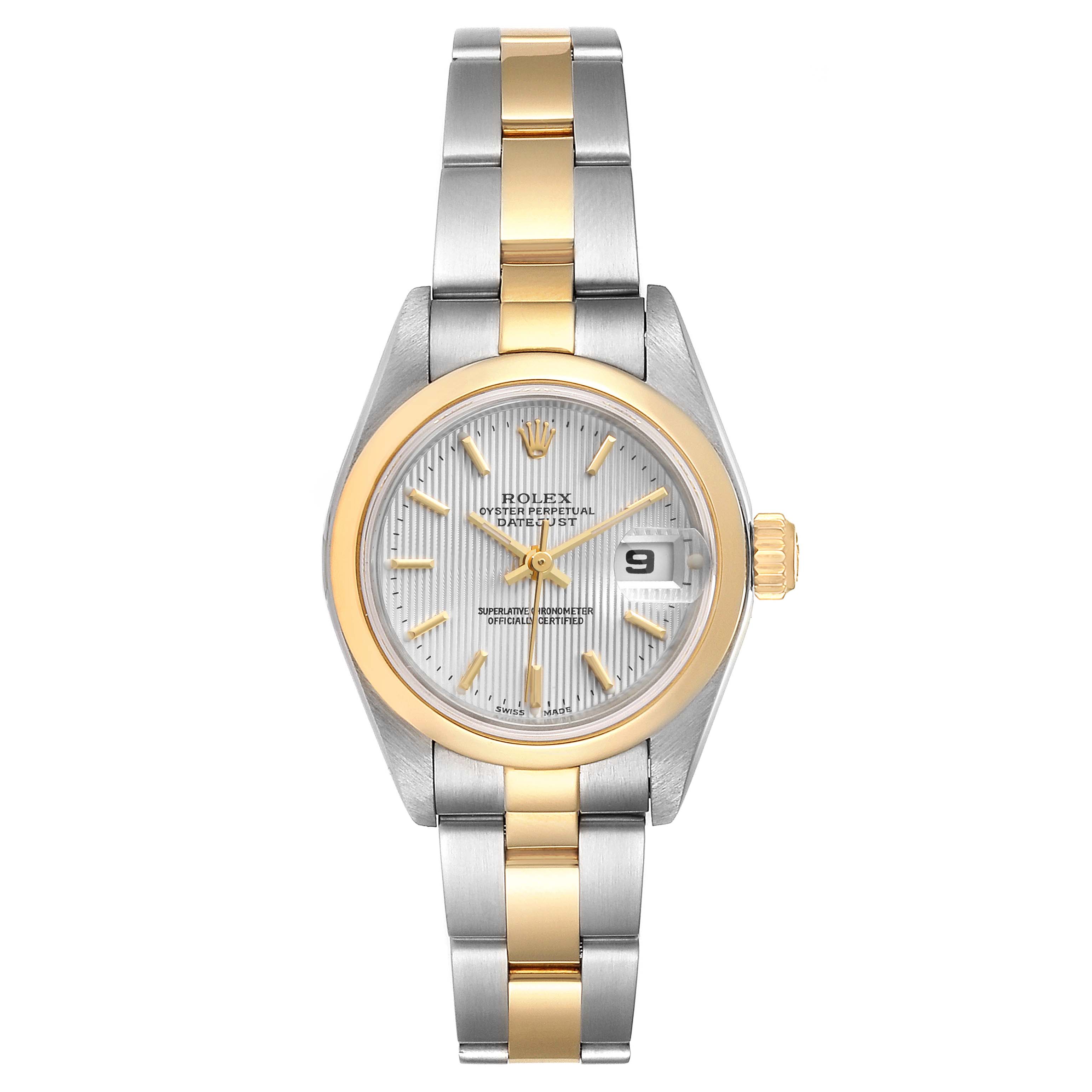 The image shows a front view of a Rolex Datejust 79163 Women's Steel and Gold (two tone) Silver Dial 79163 Women's Steel and Gold (two tone) Silver Dial watch, displaying its two-tone bracelet, dial, hour markers, hands, date window, and crown.