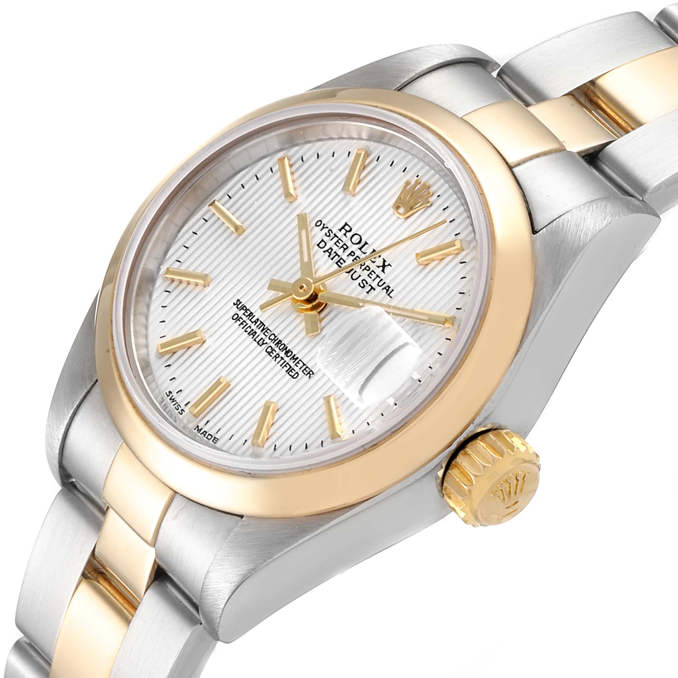The image shows a close-up of the Rolex Datejust 79163 Women's Steel and Gold (two tone) Silver Dial 79163 Women's Steel and Gold (two tone) Silver Dial watch, highlighting the dial, crown, and part of the bracelet.