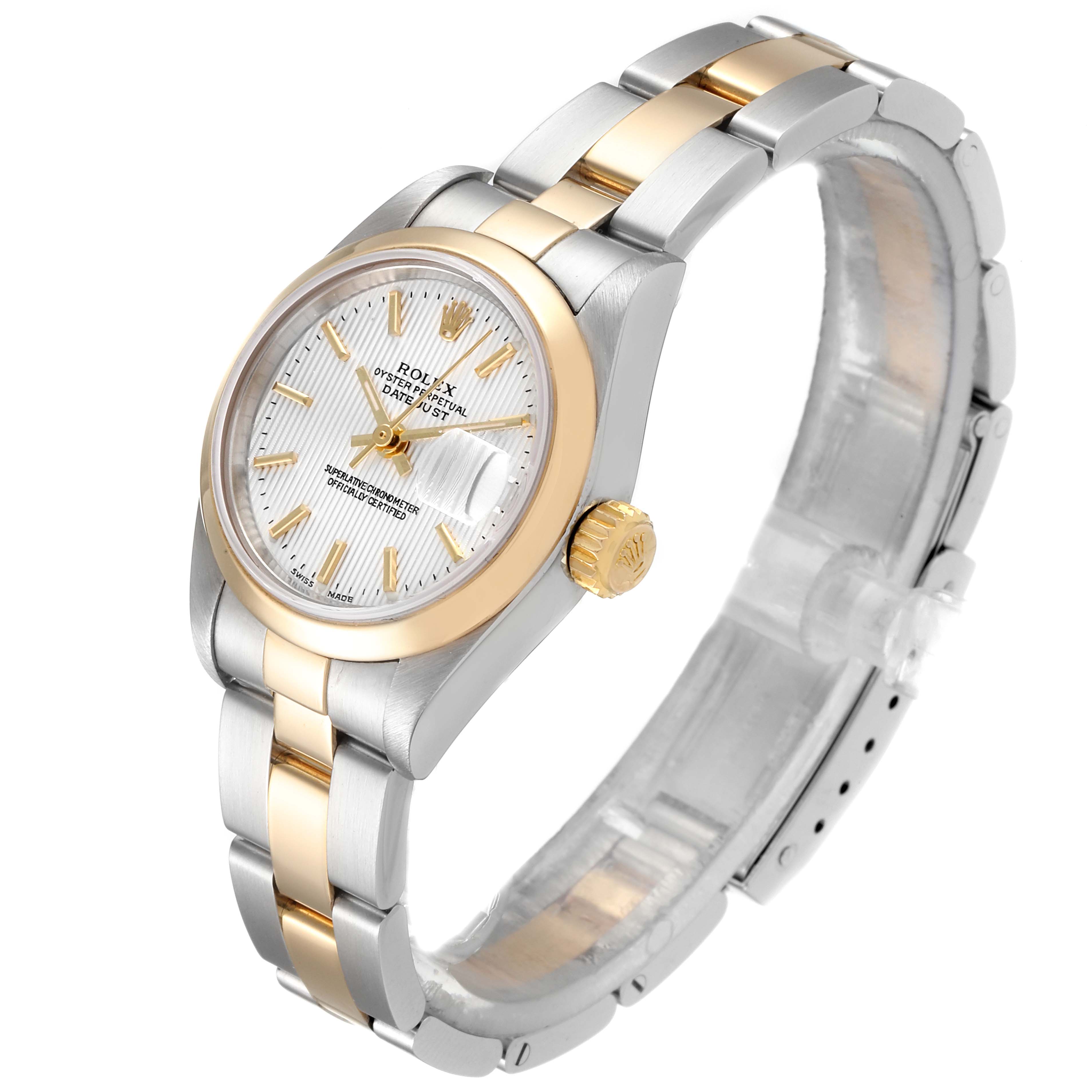 The image shows a Rolex Datejust 79163 Women's Steel and Gold (two tone) Silver Dial 79163 Women's Steel and Gold (two tone) Silver Dial watch at a slight angle, highlighting the dial, bezel, bracelet, and crown.