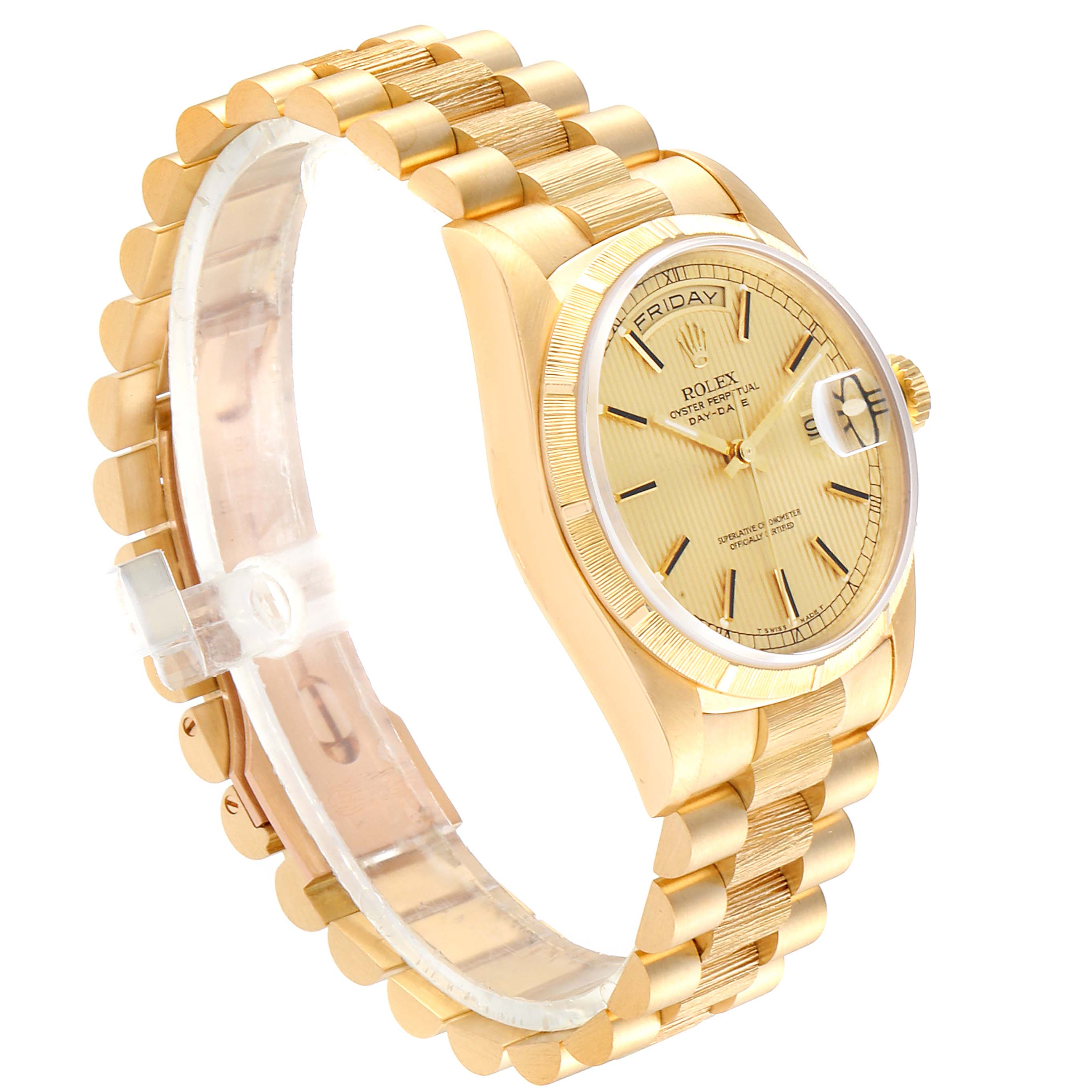 The image shows a side-angle view of a Rolex President 18248 Men
s Yellow Gold Champagne Dial 18248 Men
s Yellow Gold Champagne Dial model watch, highlighting its gold bracelet, case, and dial.