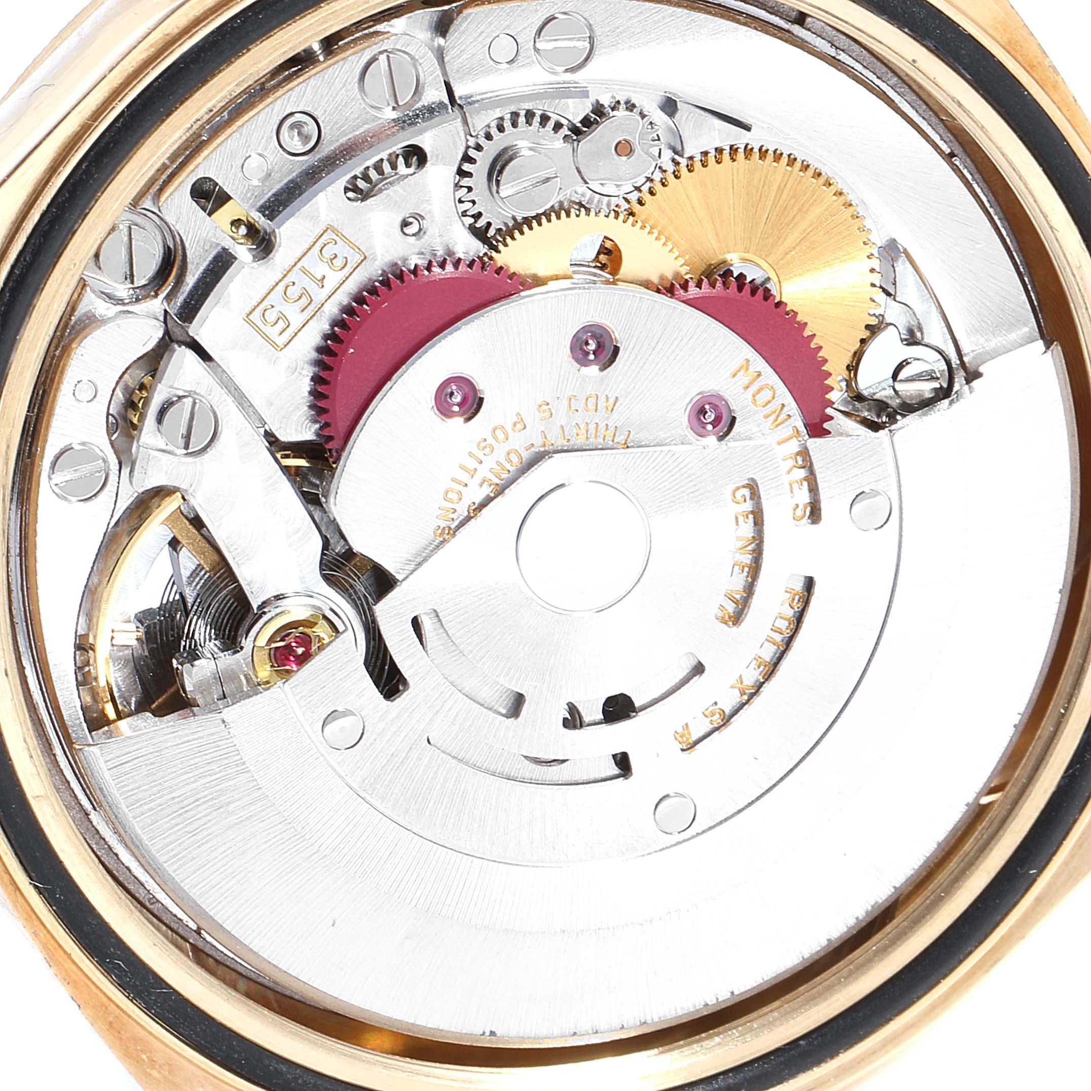 The image shows the internal mechanical movement of a Rolex President 18248 Men
s Yellow Gold Champagne Dial 18248 Men
s Yellow Gold Champagne Dial model watch, highlighting gears and components.