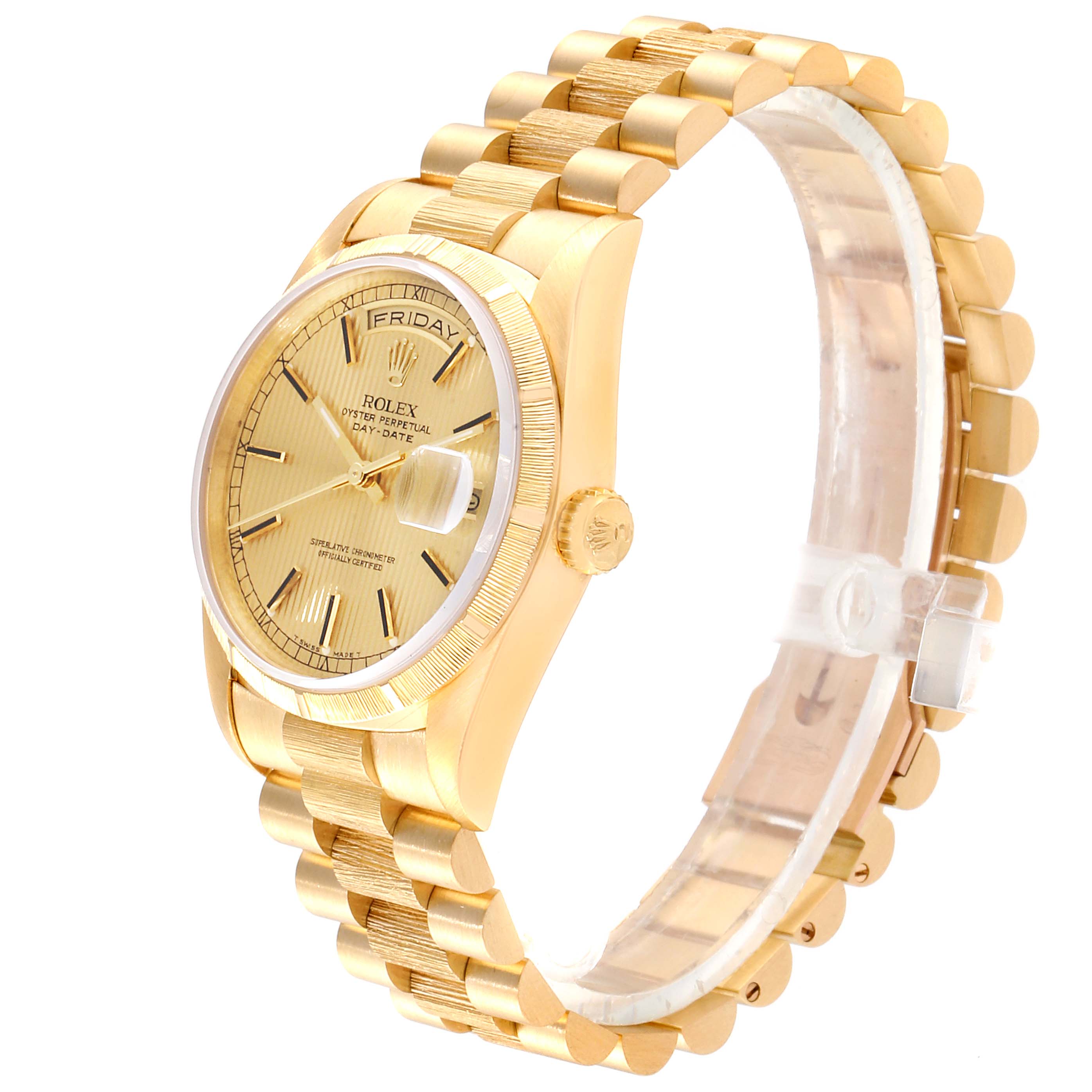 The image shows a Rolex President 18248 Men
s Yellow Gold Champagne Dial 18248 Men
s Yellow Gold Champagne Dial model watch at an oblique angle, highlighting the dial, case, crown, and bracelet.