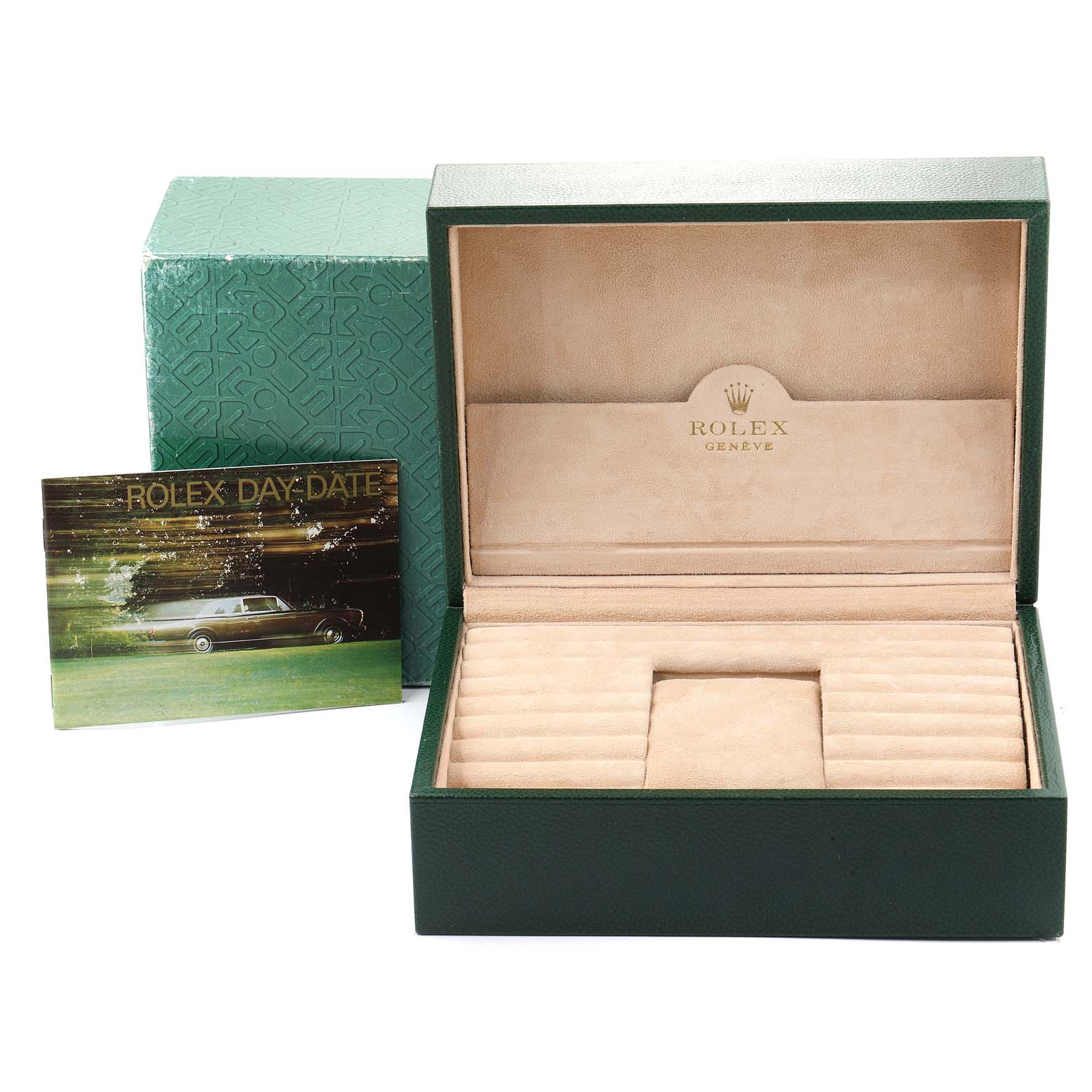 The image shows the green box, interior case, and booklet for a Rolex President 18248 Men
s Yellow Gold Champagne Dial 18248 Men
s Yellow Gold Champagne Dial model watch.