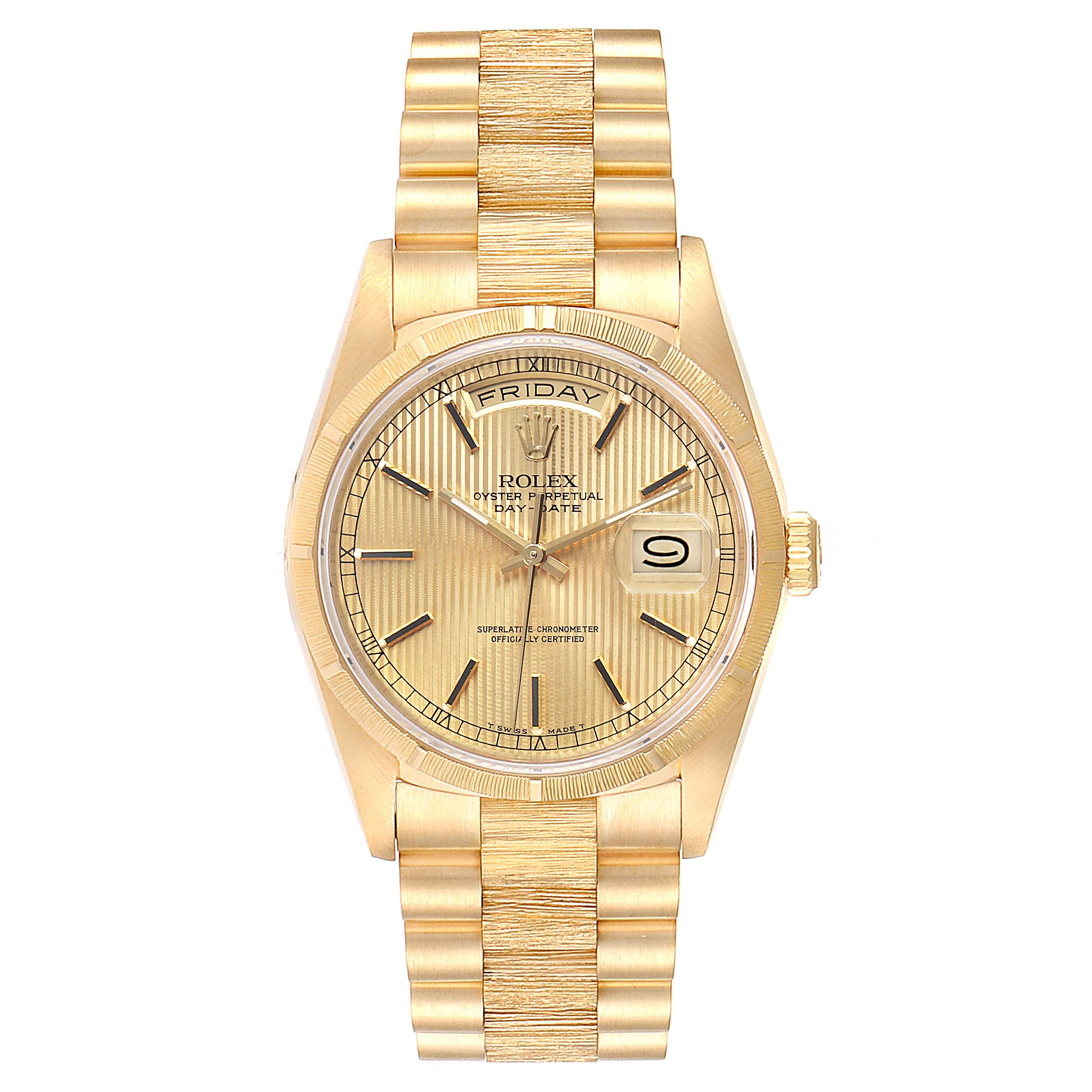 The image shows a Rolex President 18248 Men
s Yellow Gold Champagne Dial 18248 Men
s Yellow Gold Champagne Dial model watch from a top-down angle, highlighting the dial, bracelet, and crown.