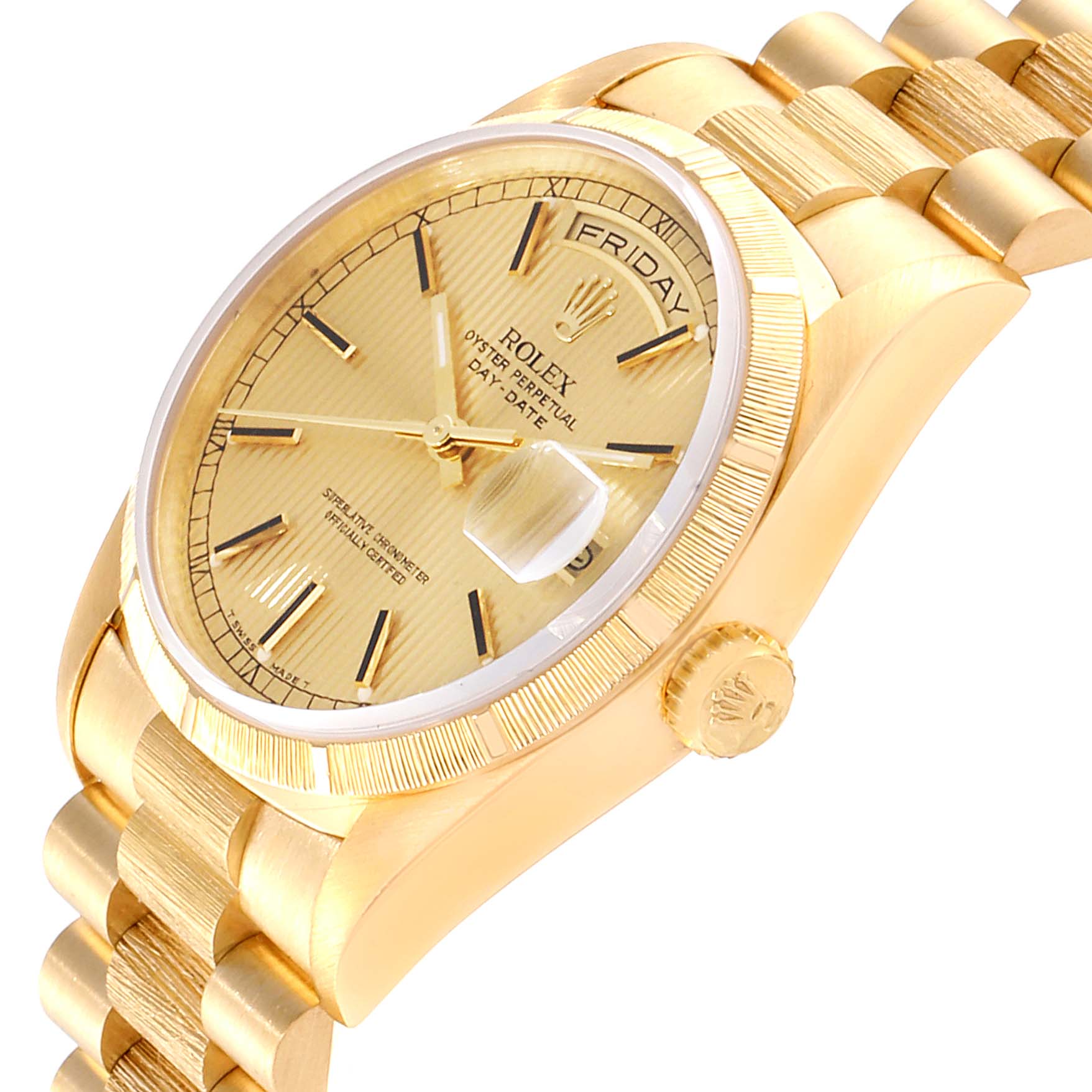 This image shows a side view of a Rolex President 18248 Men
s Yellow Gold Champagne Dial 18248 Men
s Yellow Gold Champagne Dial model watch, featuring the face, bezel, crown, and part of the bracelet.