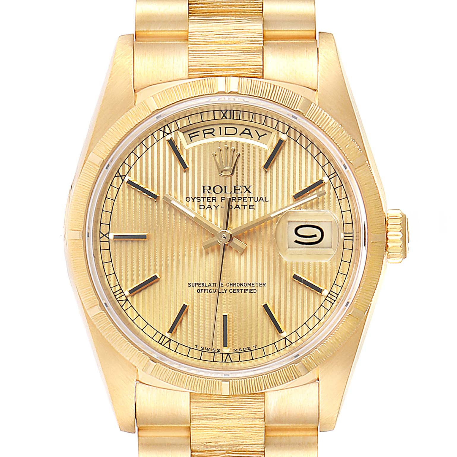 This image shows a front view of the Rolex President 18248 Men
s Yellow Gold Champagne Dial 18248 Men
s Yellow Gold Champagne Dial model watch, displaying its dial, bezel, and part of the bracelet.