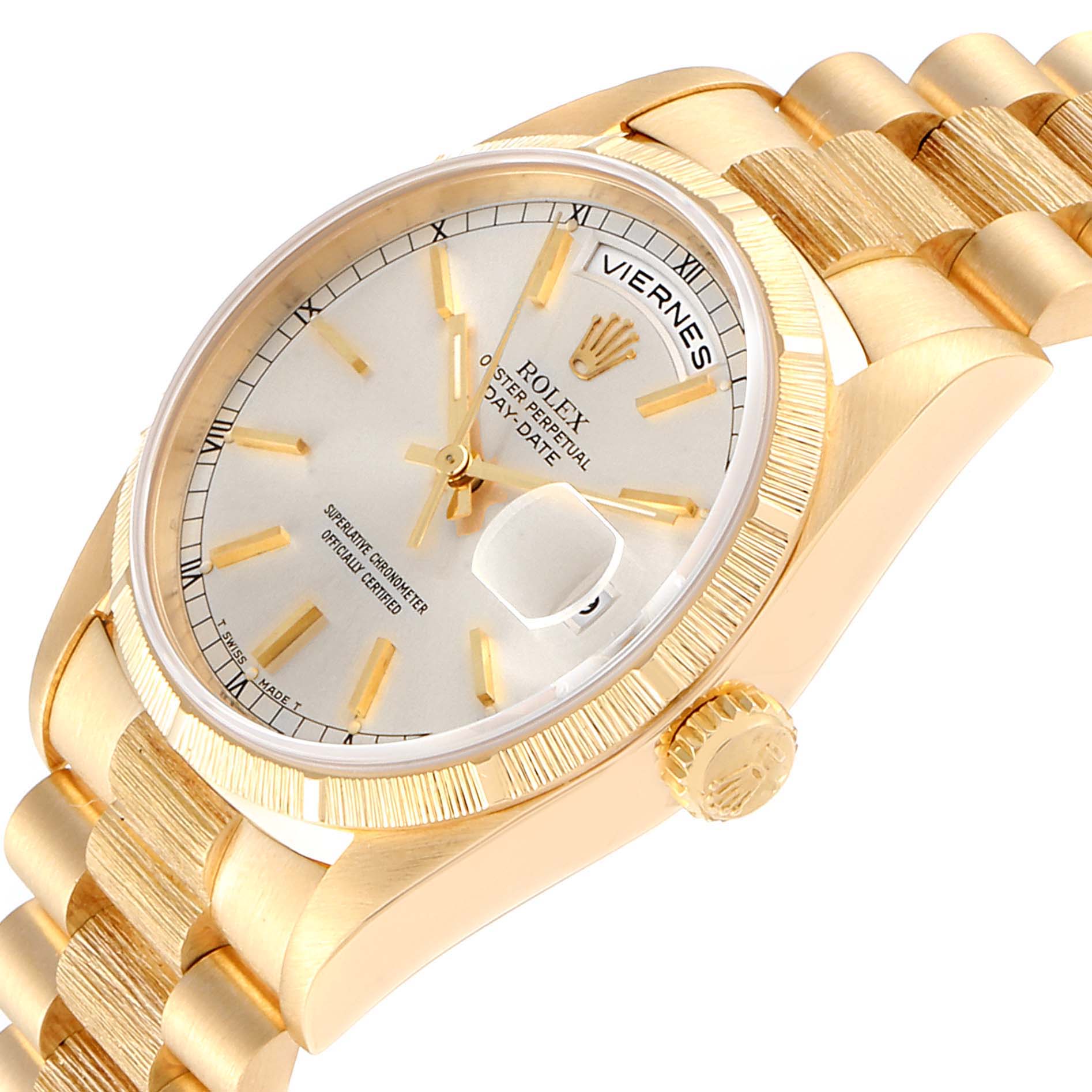 The image shows a side view of a Rolex President 18248 Men
s Yellow Gold Silver Dial 18248 Men
s Yellow Gold Silver Dial model watch, showcasing the dial, bracelet, and crown.