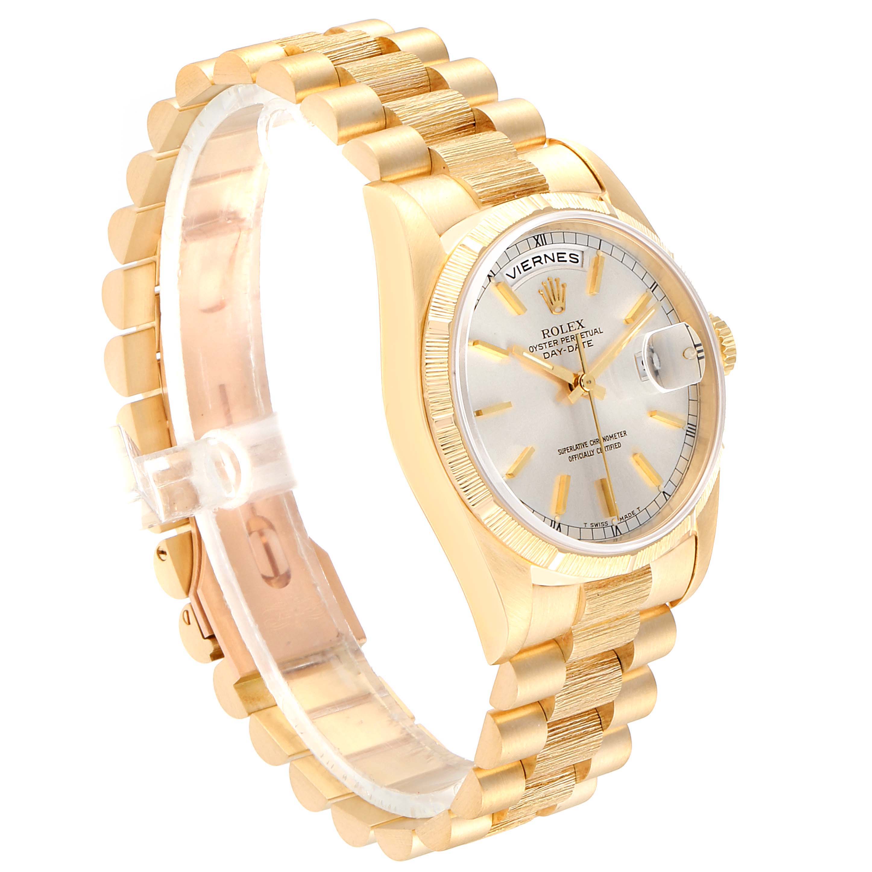 The image shows a side view of a Rolex President 18248 Men
s Yellow Gold Silver Dial 18248 Men
s Yellow Gold Silver Dial model watch highlighting the gold bracelet and face.