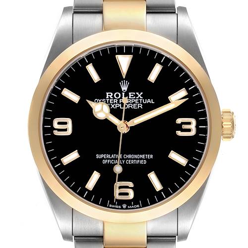 This image shows a front view of the Rolex Explorer watch, highlighting its dial, bezel, hands, and bracelet.