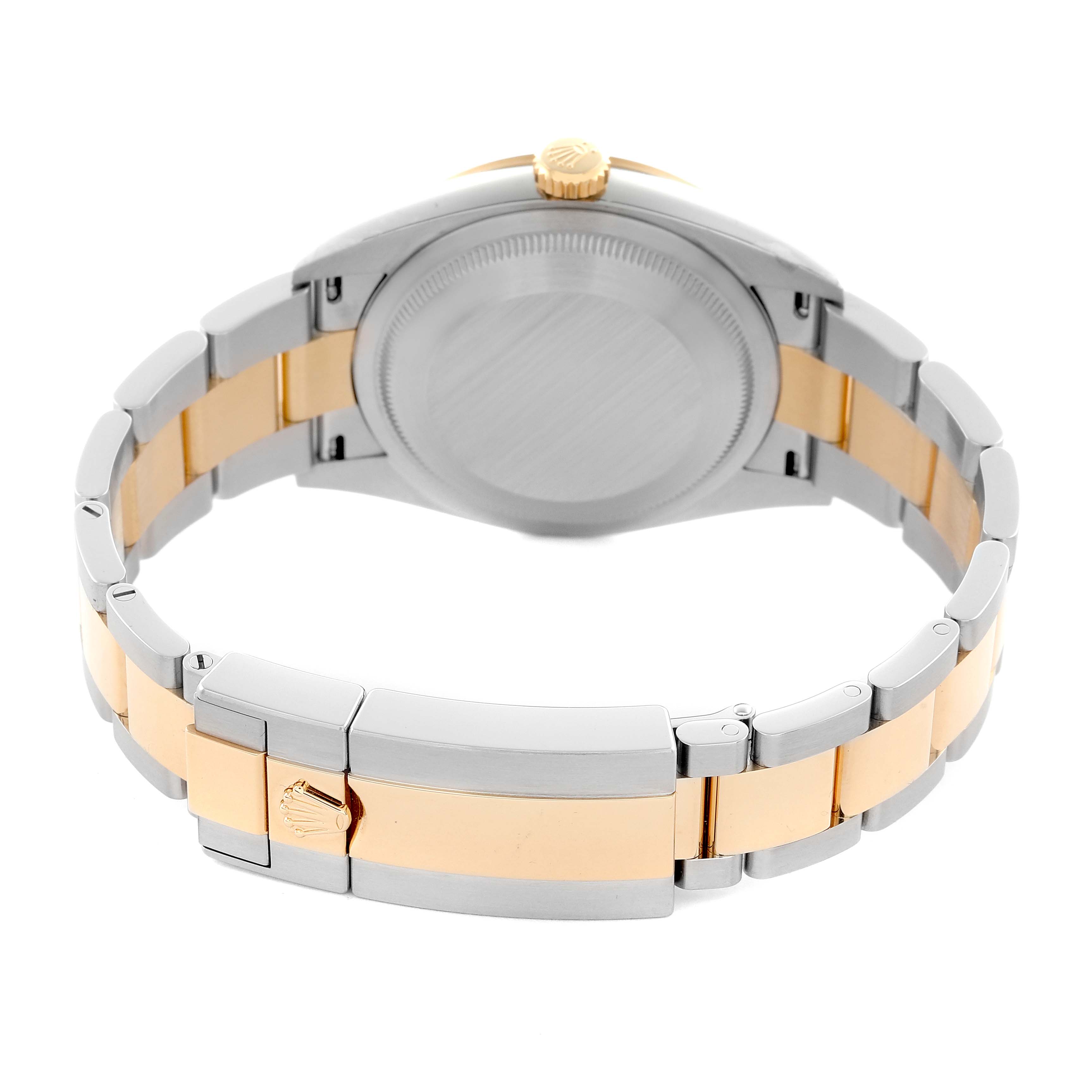 The image shows the back and bracelet of a Rolex Explorer 124273 Men's Steel and Gold (two tone) Black Dial 124273 Men's Steel and Gold (two tone) Black Dial, featuring a two-tone metal design with the clasp visible.