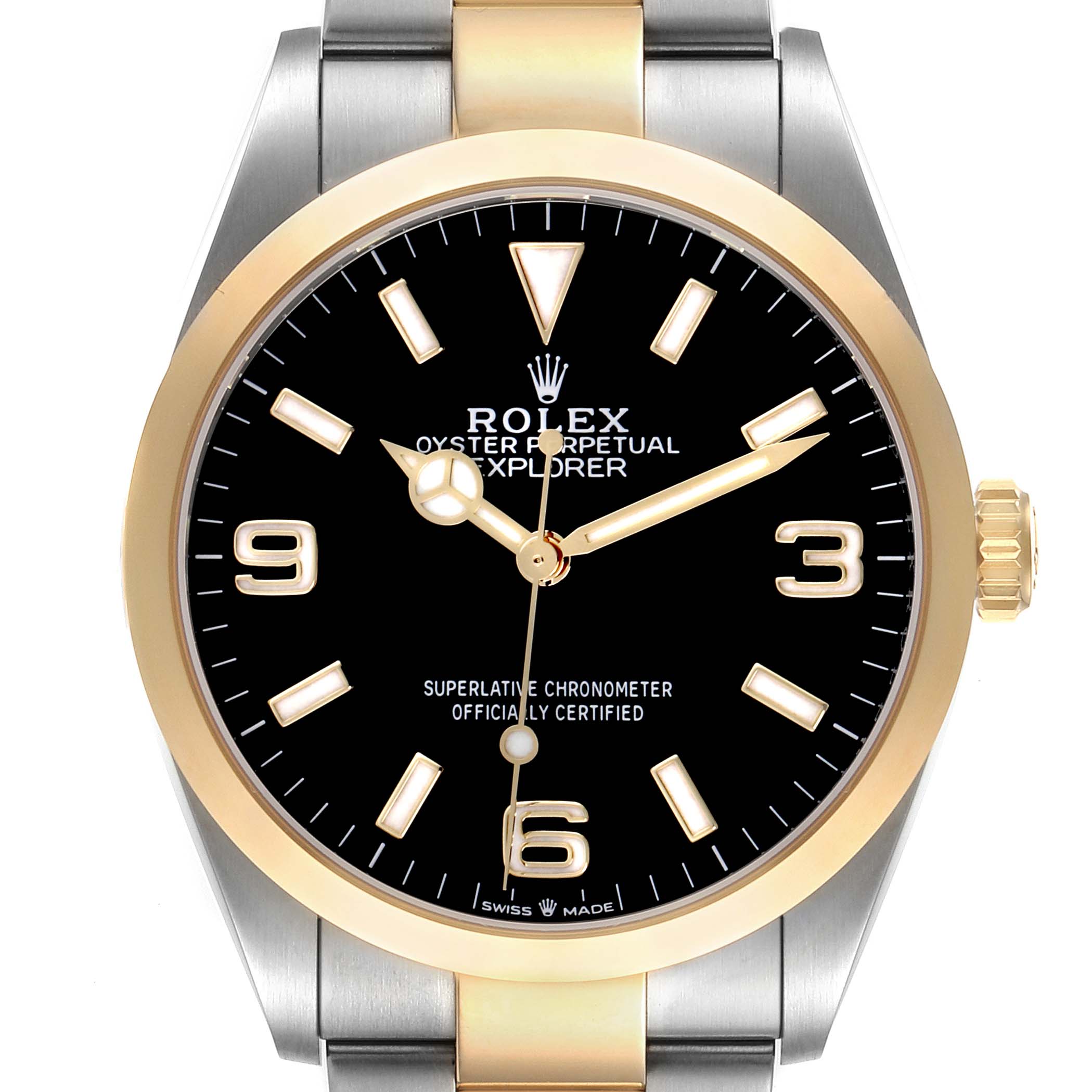 The Rolex Explorer 124273 Men's Steel and Gold (two tone) Black Dial 124273 Men's Steel and Gold (two tone) Black Dial watch is shown from the front, displaying its face, bezel, and part of the bracelet.