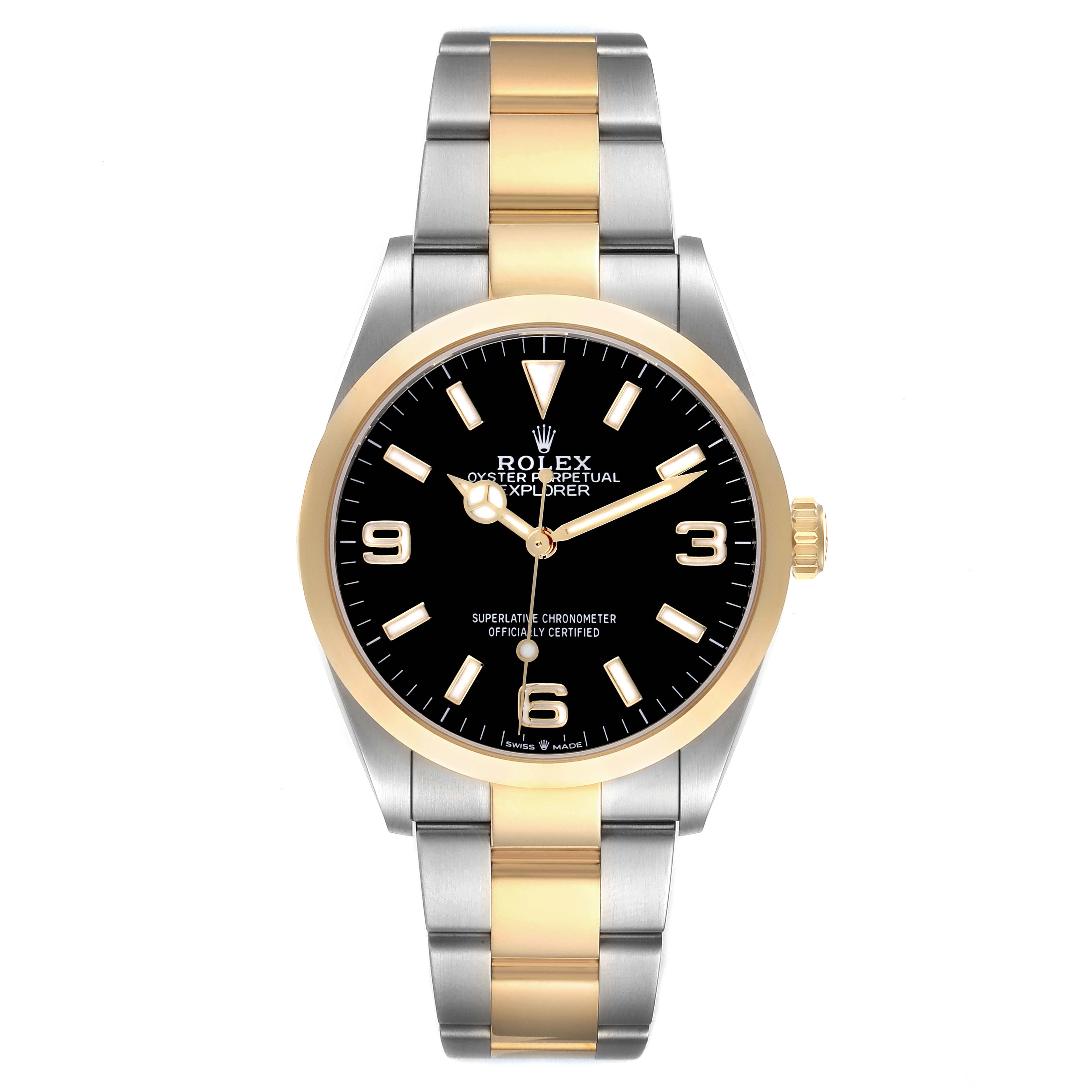The Rolex Explorer 124273 Men's Steel and Gold (two tone) Black Dial 124273 Men's Steel and Gold (two tone) Black Dial watch is shown from a top-down angle, highlighting its dial, two-tone bezel, and bracelet.