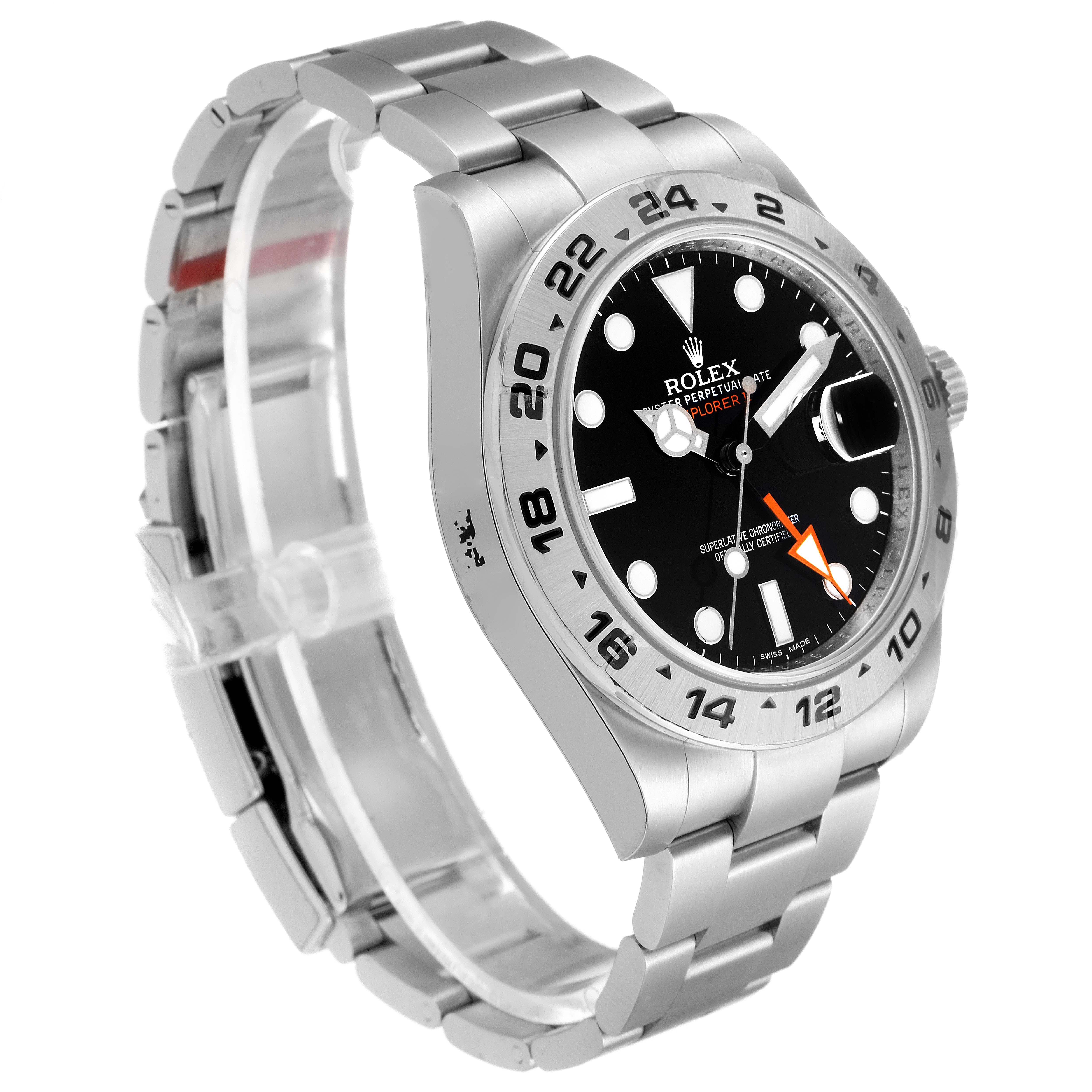 This image shows a Rolex Explorer 216570 Men
s Stainless Steel Black Dial 216570 Men
s Stainless Steel Black Dial watch, displaying its face, bezel, crown, and part of the bracelet from an angled side view.