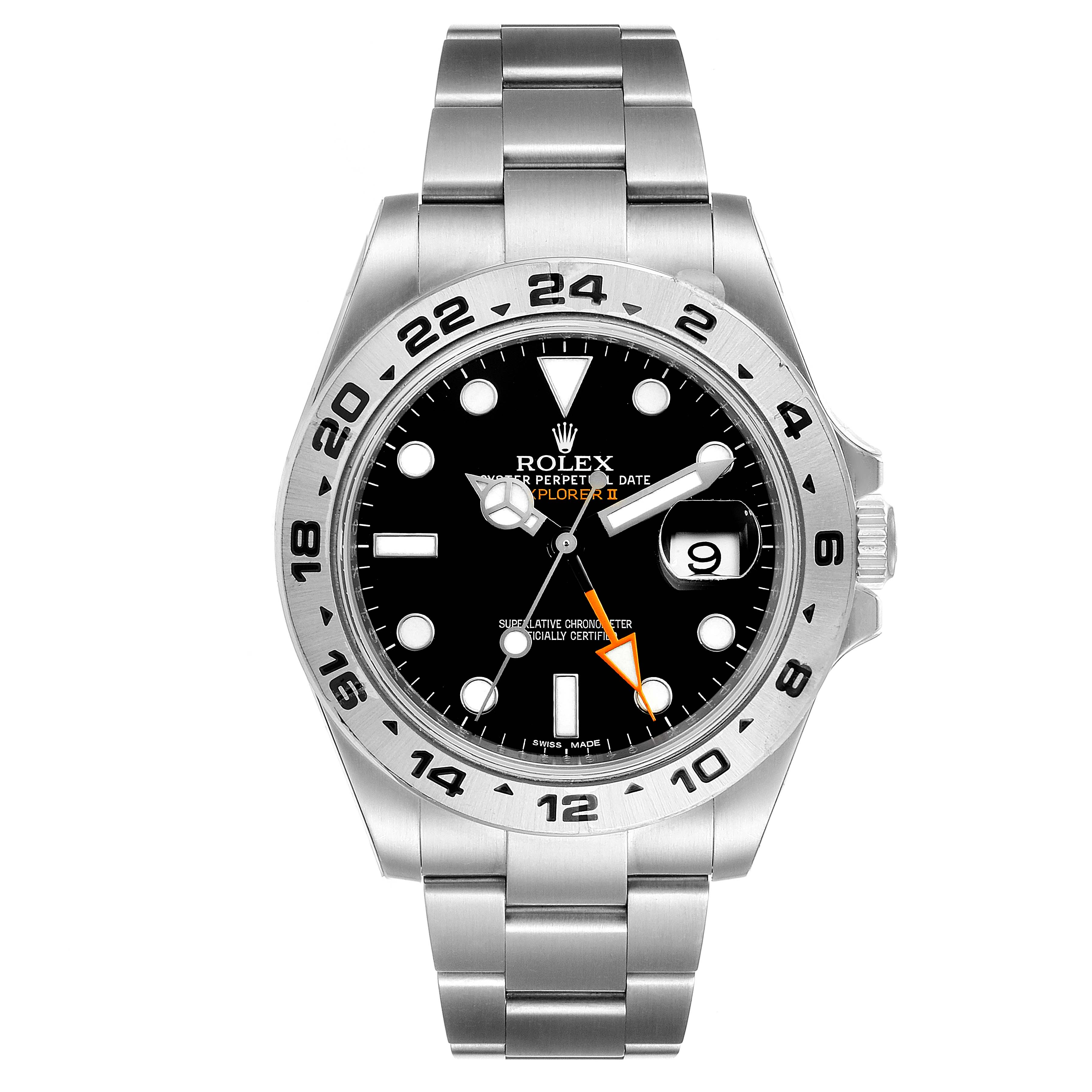 This image shows a front view of the Rolex Explorer 216570 Men
s Stainless Steel Black Dial 216570 Men
s Stainless Steel Black Dial watch, featuring its dial, bezel, and stainless steel bracelet.