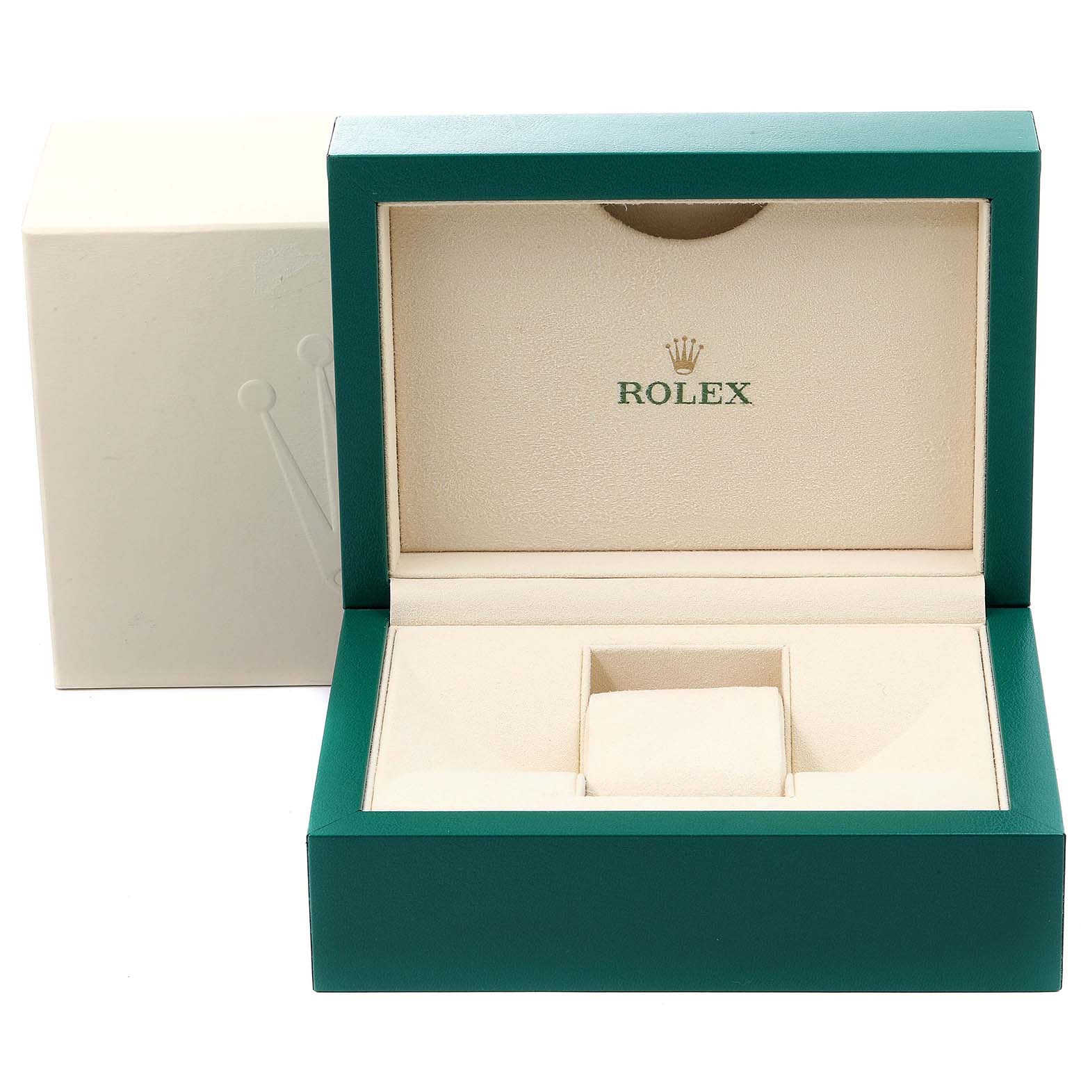 The image shows an open Rolex Explorer 216570 Men
s Stainless Steel Black Dial 216570 Men
s Stainless Steel Black Dial watch box from a front angle, with the lid and cushion compartment visible.