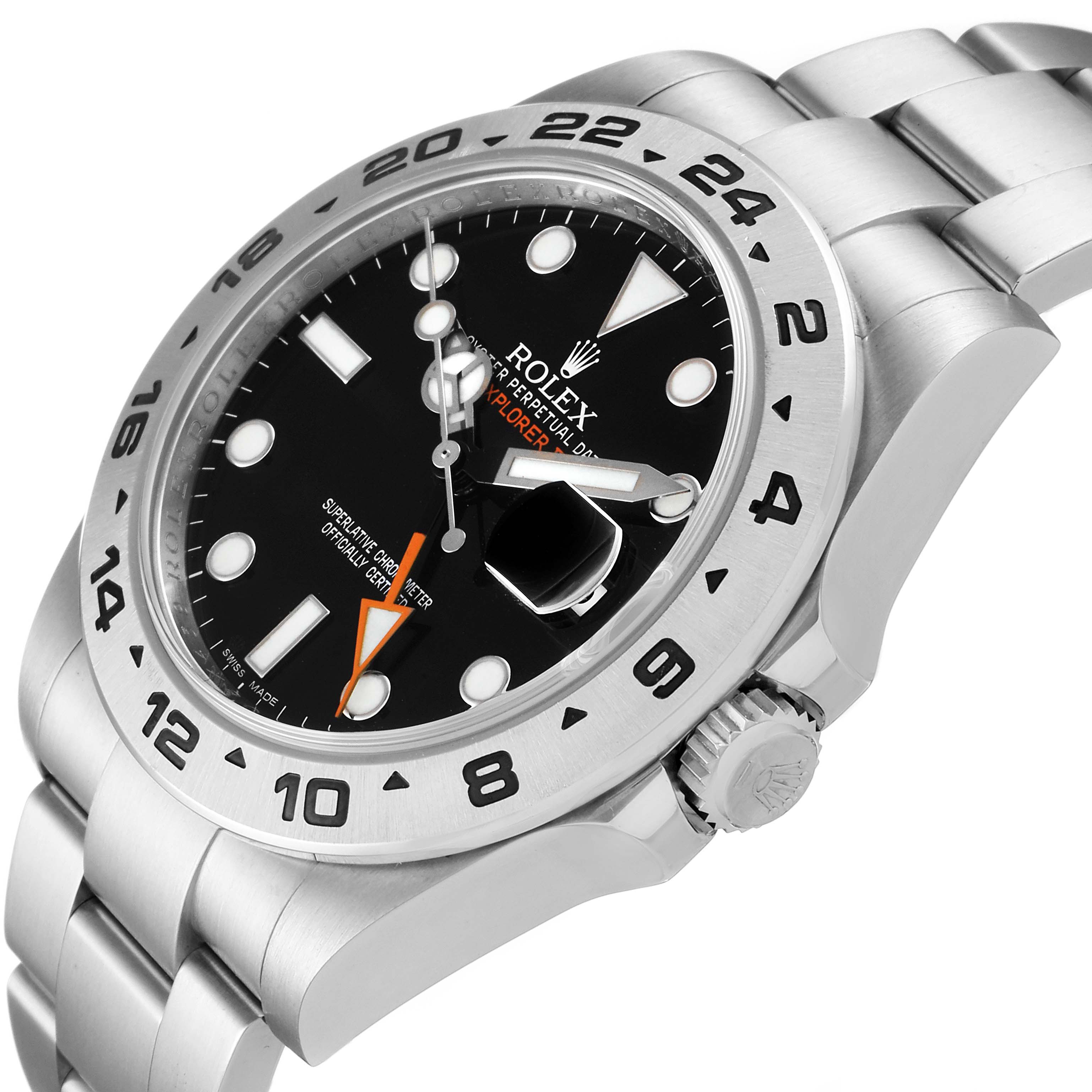 The Rolex Explorer 216570 Men
s Stainless Steel Black Dial 216570 Men
s Stainless Steel Black Dial watch is shown from an angled view, highlighting the face, bezel, crown, and a section of the band.
