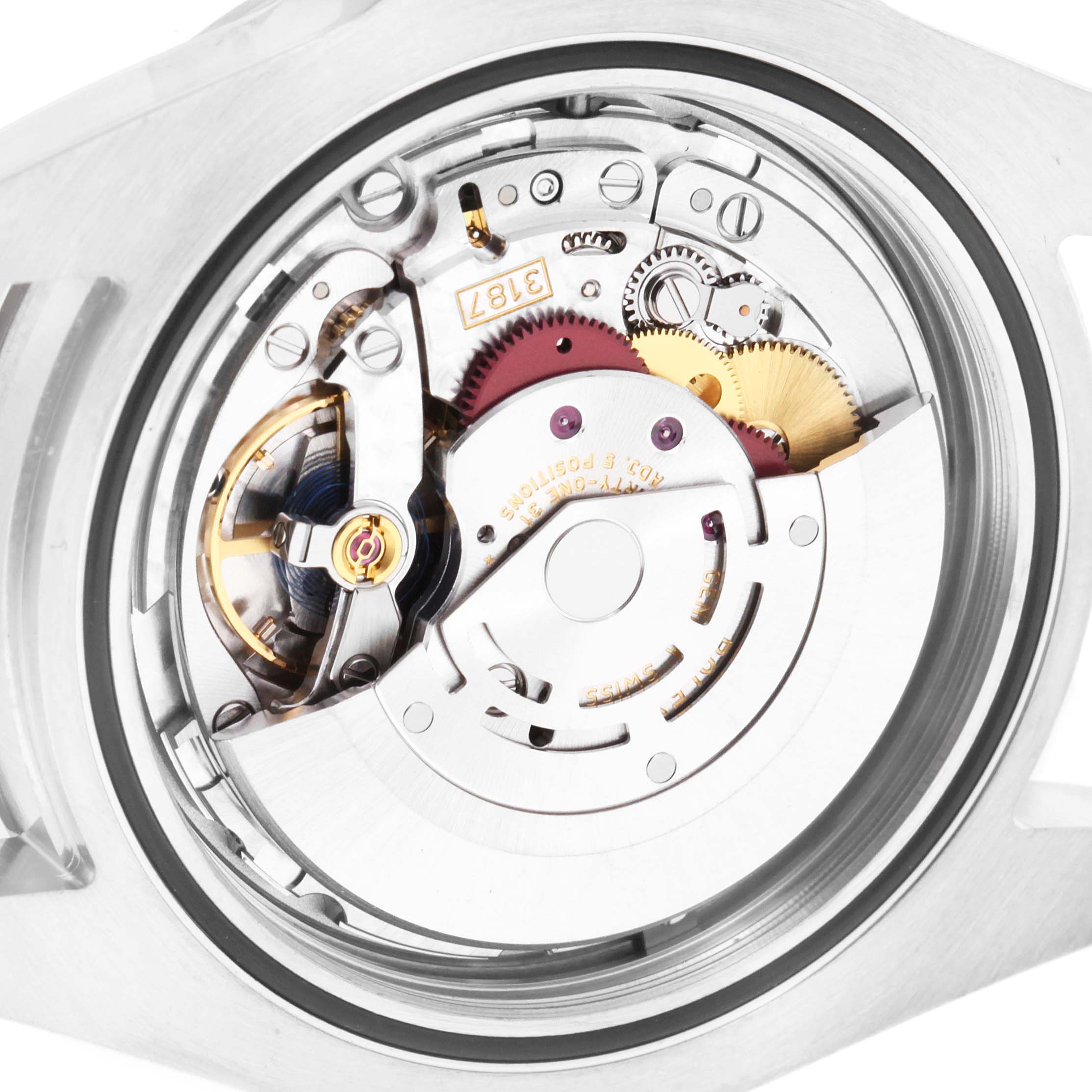 This image shows the intricate movement inside the Rolex Explorer 216570 Men
s Stainless Steel Black Dial 216570 Men
s Stainless Steel Black Dial watch from a close-up rear perspective.