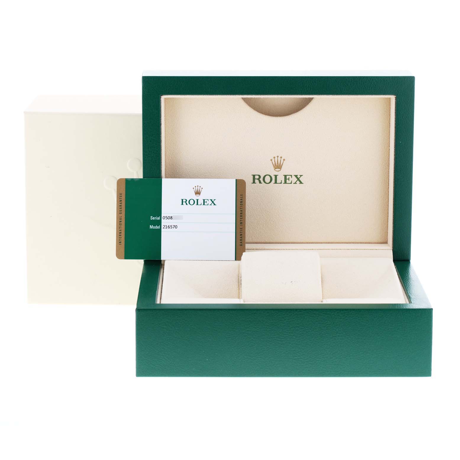 The image shows the Rolex Explorer 216570 Men
s Stainless Steel Black Dial 216570 Men
s Stainless Steel Black Dial watch box, cushion, and a warranty card from a front angle.