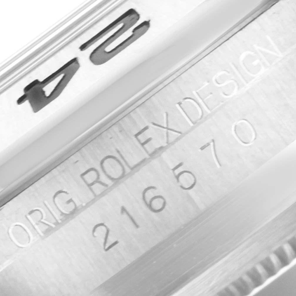 This image shows an angled close-up of the caseback with model engraving of a Rolex Explorer 216570 Men
s Stainless Steel Black Dial 216570 Men
s Stainless Steel Black Dial watch.