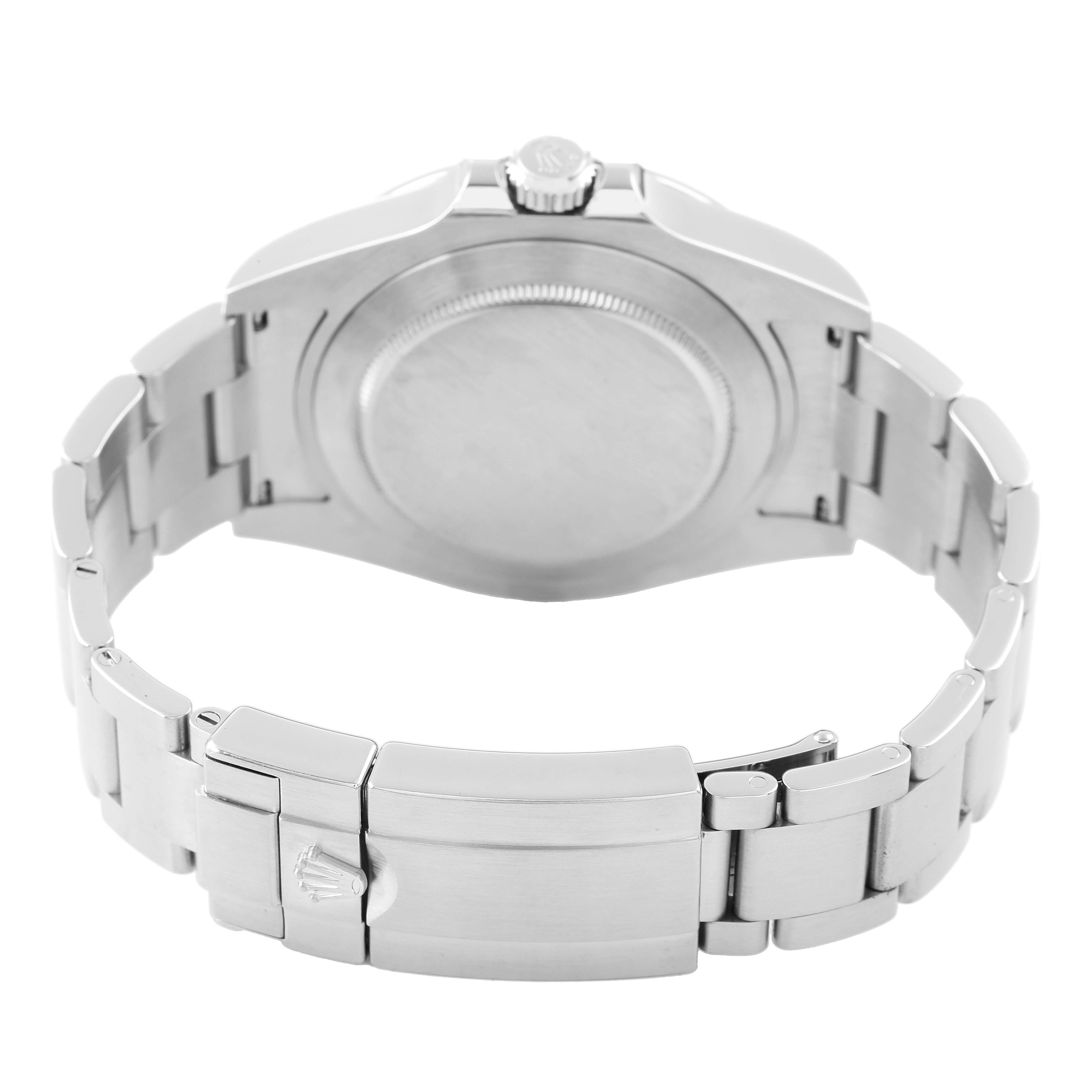 The image shows the back view of the Rolex Explorer 216570 Men's Stainless Steel White Dial watch, highlighting the clasp, bracelet, and case back.