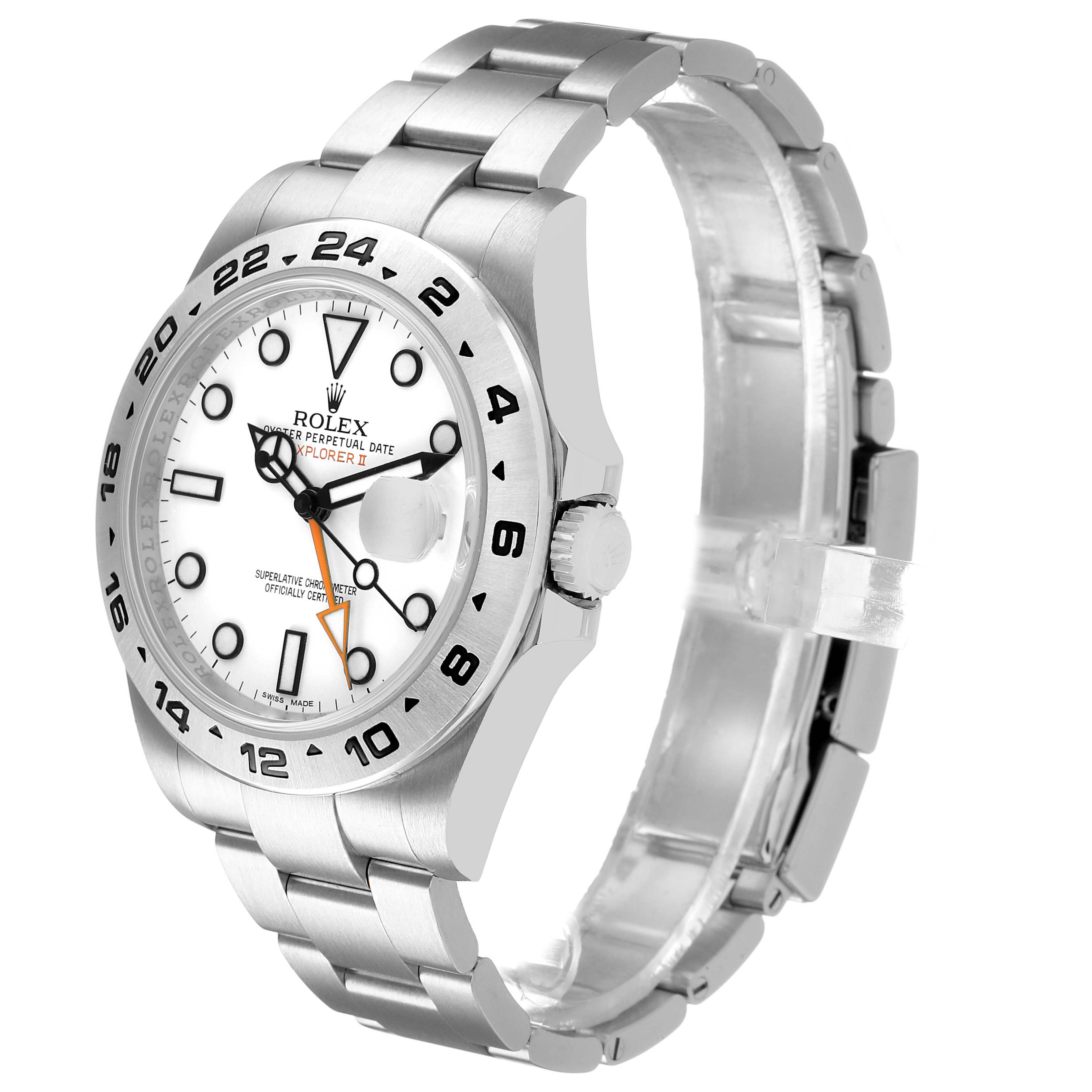 The Rolex Explorer 216570 Men's Stainless Steel White Dial watch is shown at a three-quarter angle, displaying the face, bezel, and bracelet.