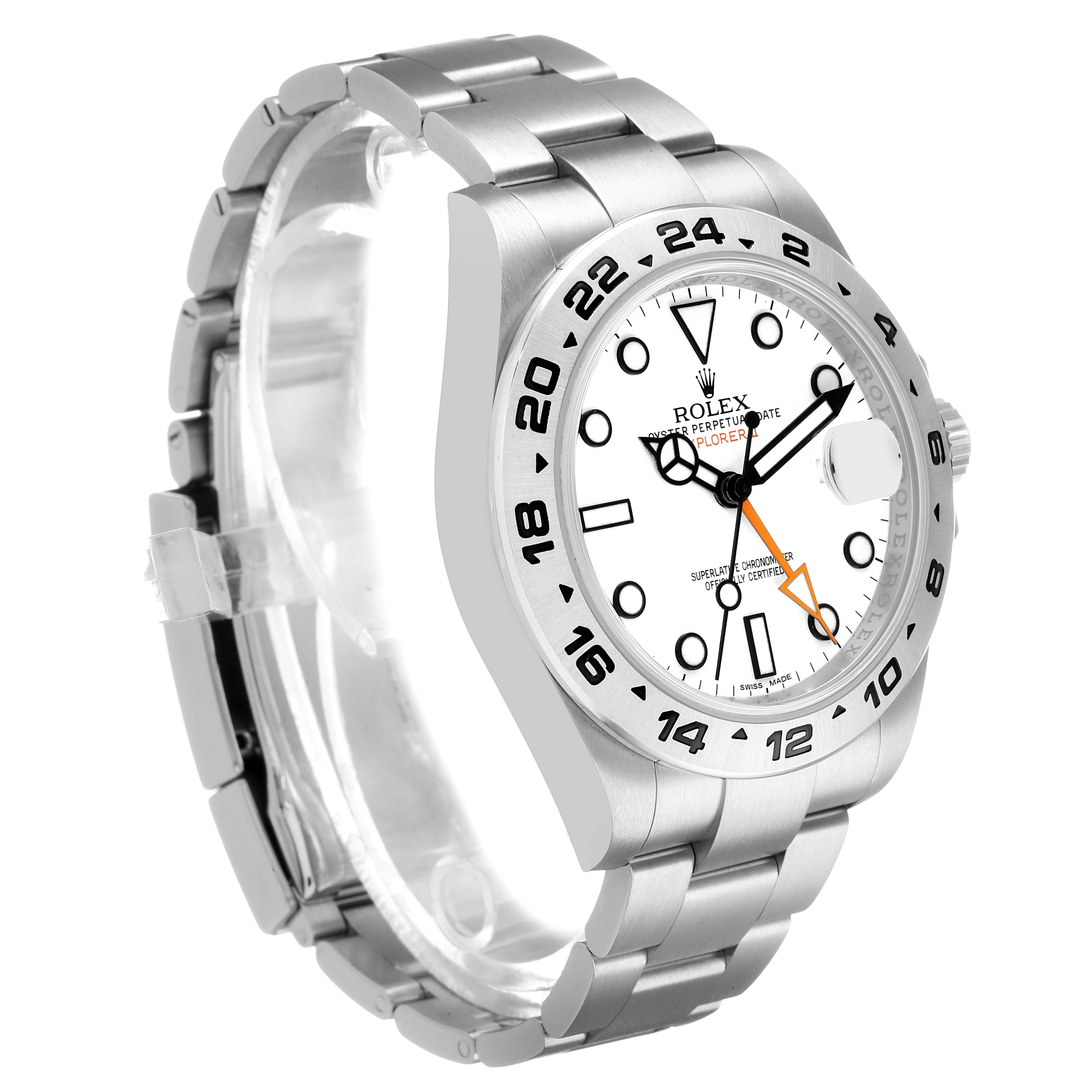The Rolex Explorer 216570 Men's Stainless Steel White Dial watch is shown at an angled side view, highlighting the dial, bezel, and bracelet.