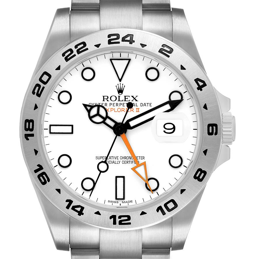 The Rolex Explorer 216570 Men's Stainless Steel White Dial II watch is shown from a front angle, displaying the dial, bezel, and part of the bracelet.