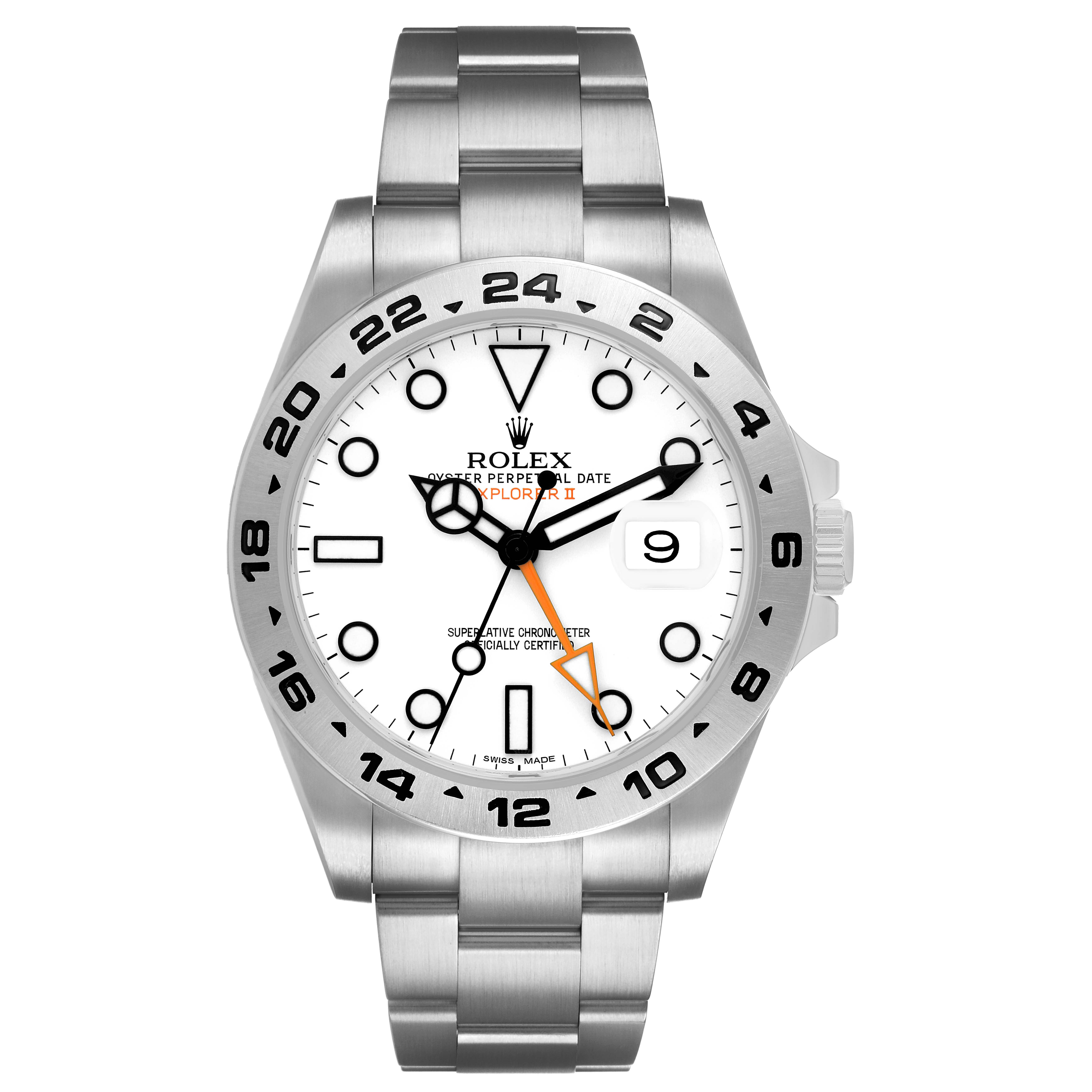 The image shows a front view of the Rolex Explorer 216570 Men's Stainless Steel White Dial II watch, highlighting the dial, bezel, and bracelet.