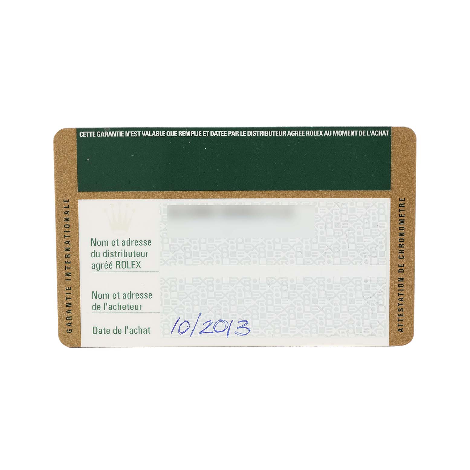 The image shows a warranty card for a Rolex Explorer 216570 Men's Stainless Steel White Dial watch, featuring dealer and purchase information.