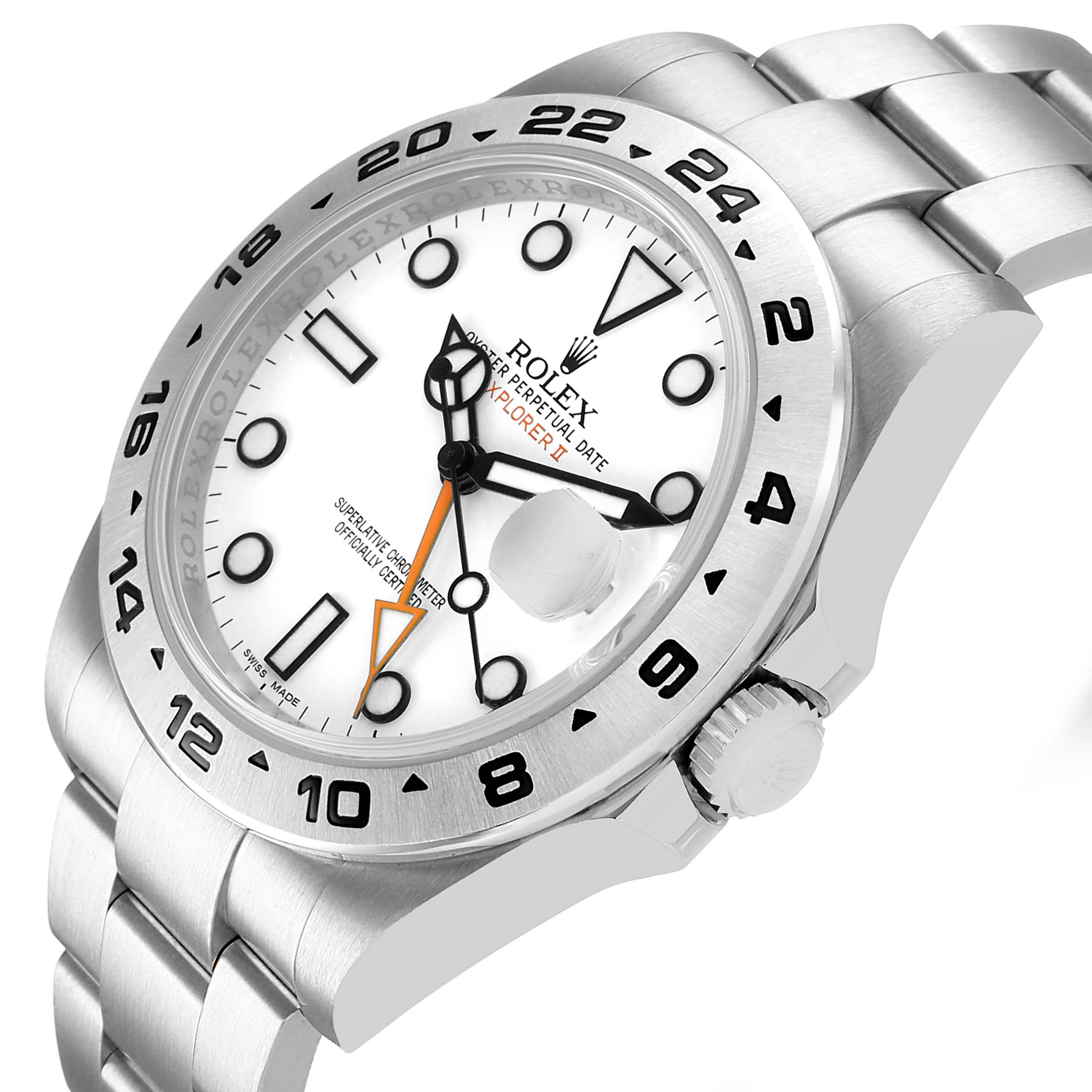 The Rolex Explorer 216570 Men's Stainless Steel White Dial model is shown at a three-quarter angle, highlighting the dial, bezel, crown, and part of the bracelet.