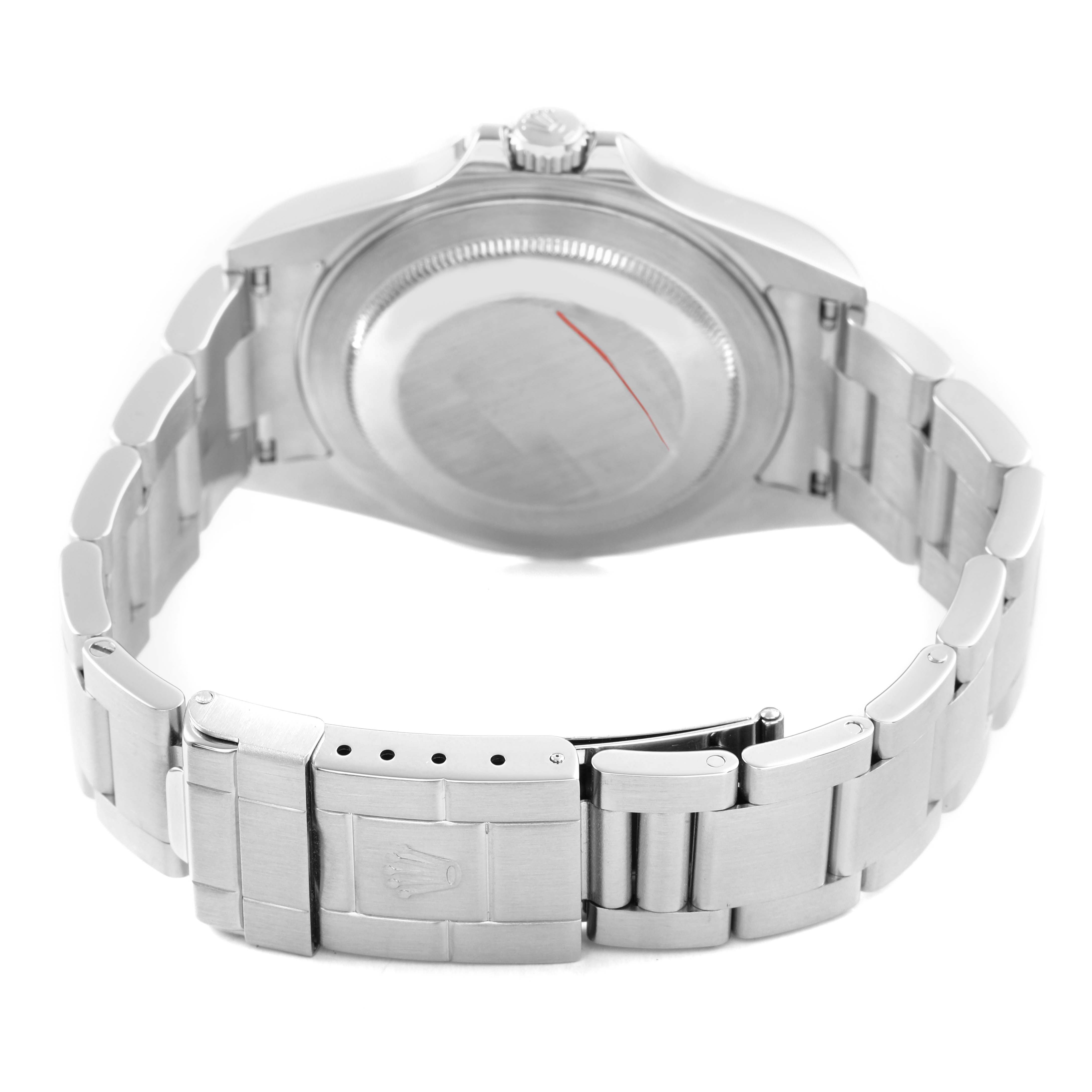 The image shows a Rolex Explorer 16570 Men's Stainless Steel Black Dial watch from a rear angle, highlighting the case back, bracelet, and clasp.