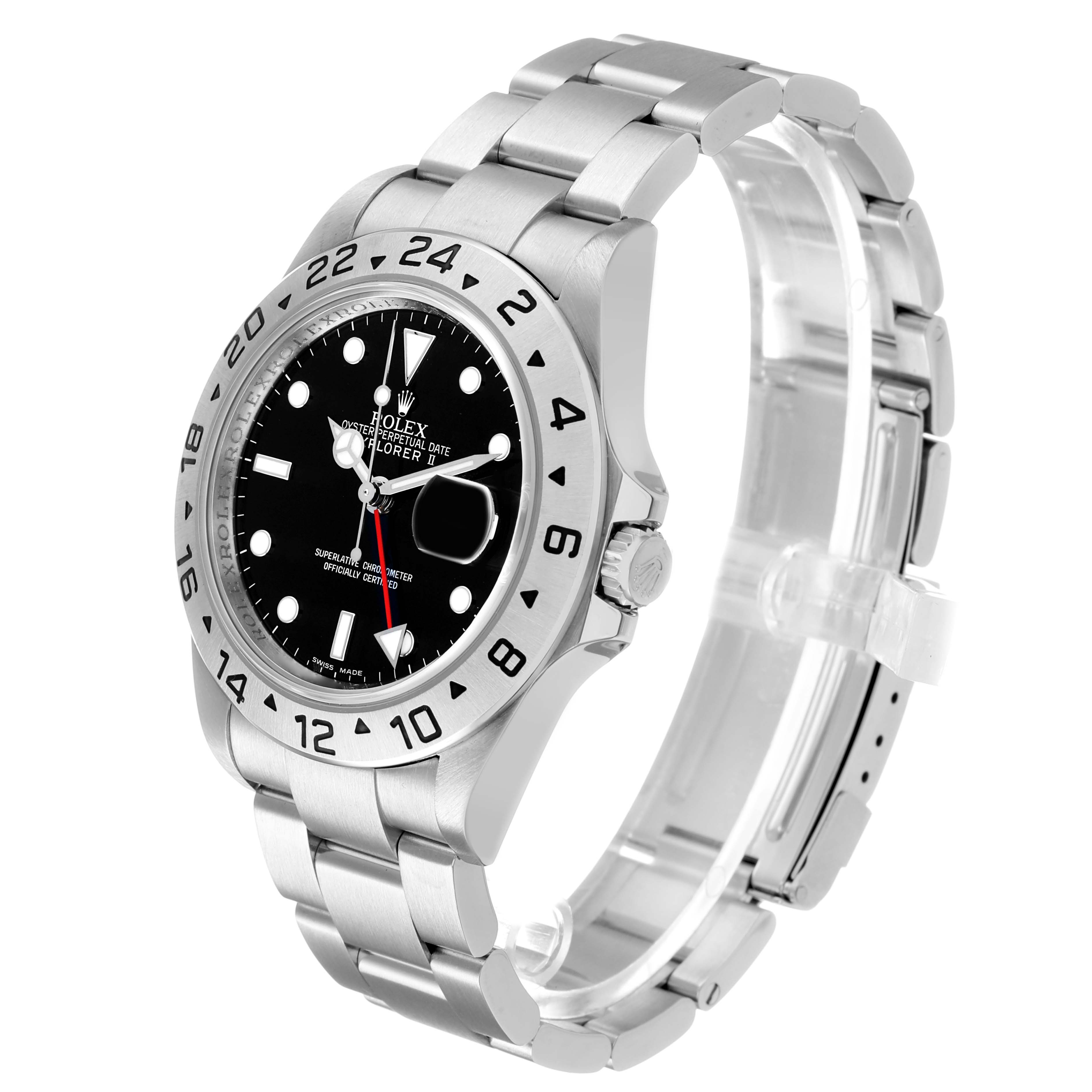 The Rolex Explorer 16570 Men's Stainless Steel Black Dial model watch is shown at a three-quarter angle, displaying the case, bezel, bracelet, and clasp.