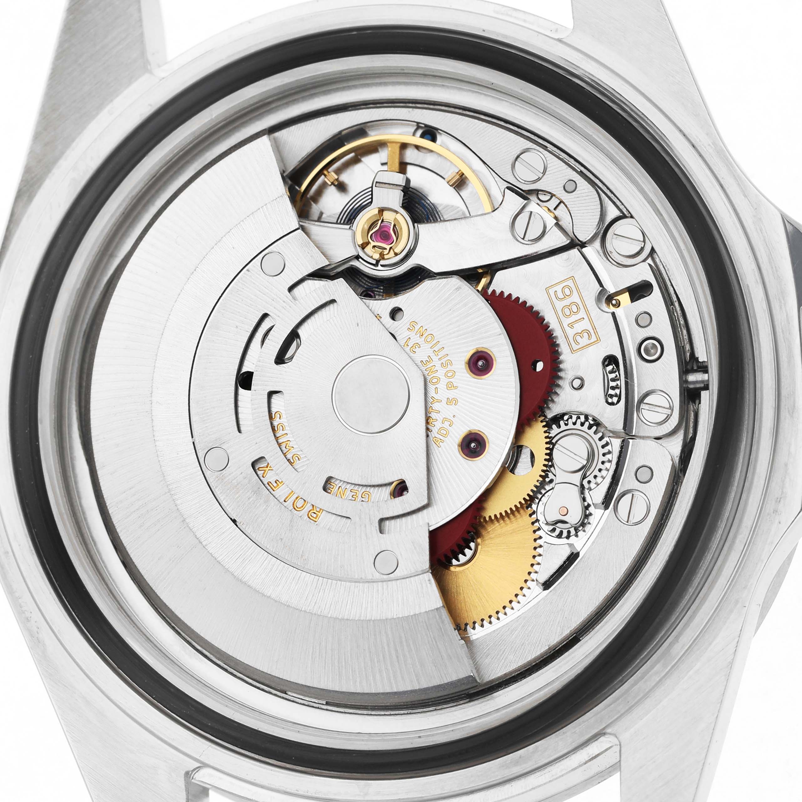 The image shows the internal mechanism of the Rolex Explorer 16570 Men's Stainless Steel Black Dial, displaying gears and the rotor from the back.