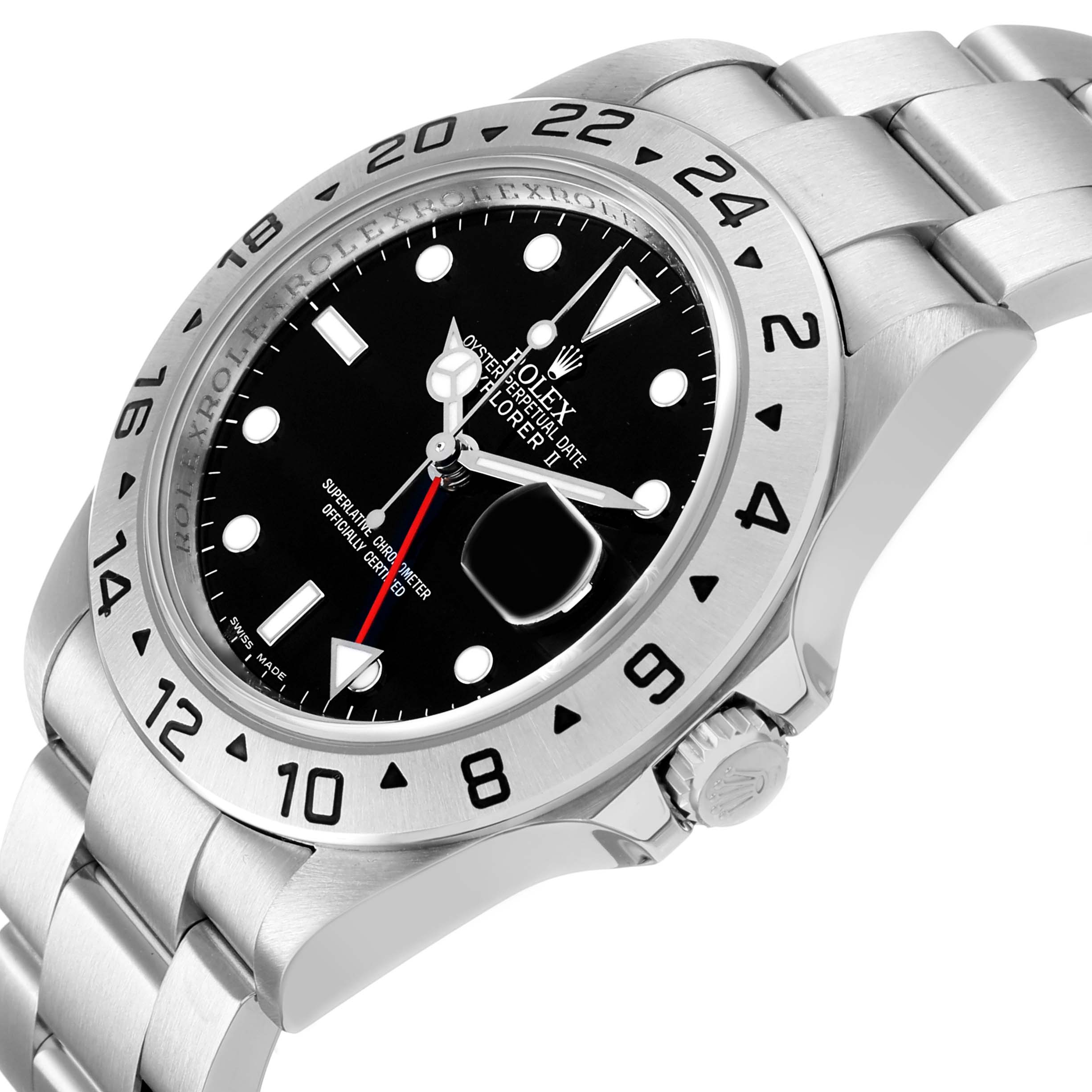 The Rolex Explorer 16570 Men's Stainless Steel Black Dial watch is shown at a slight angle, highlighting the bezel, dial, crown, and part of the bracelet.