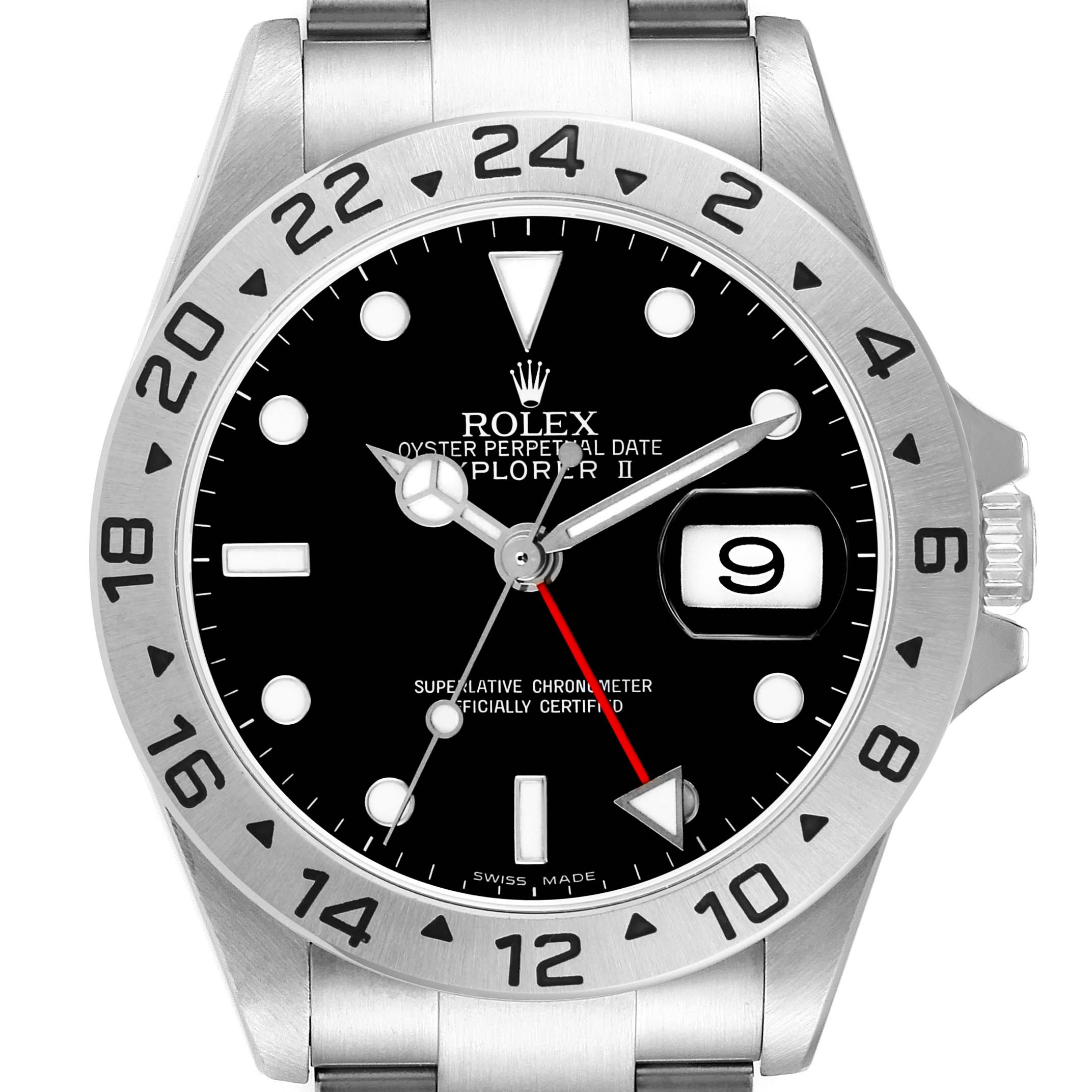 The Rolex Explorer 16570 Men's Stainless Steel Black Dial watch is shown from a front angle, displaying the dial, hands, date window, and part of the bezel and bracelet.